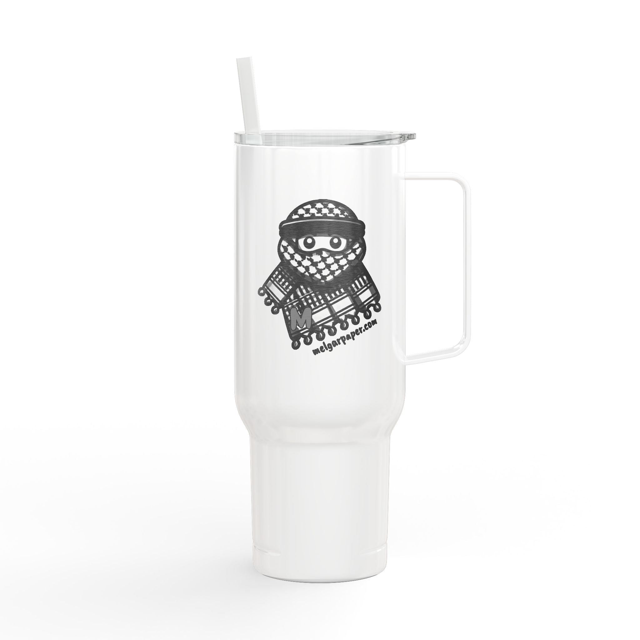 Keffiyeh Buddy Travel Tumbler with Handle & Straw — Vacuum-Insulated, 40 oz