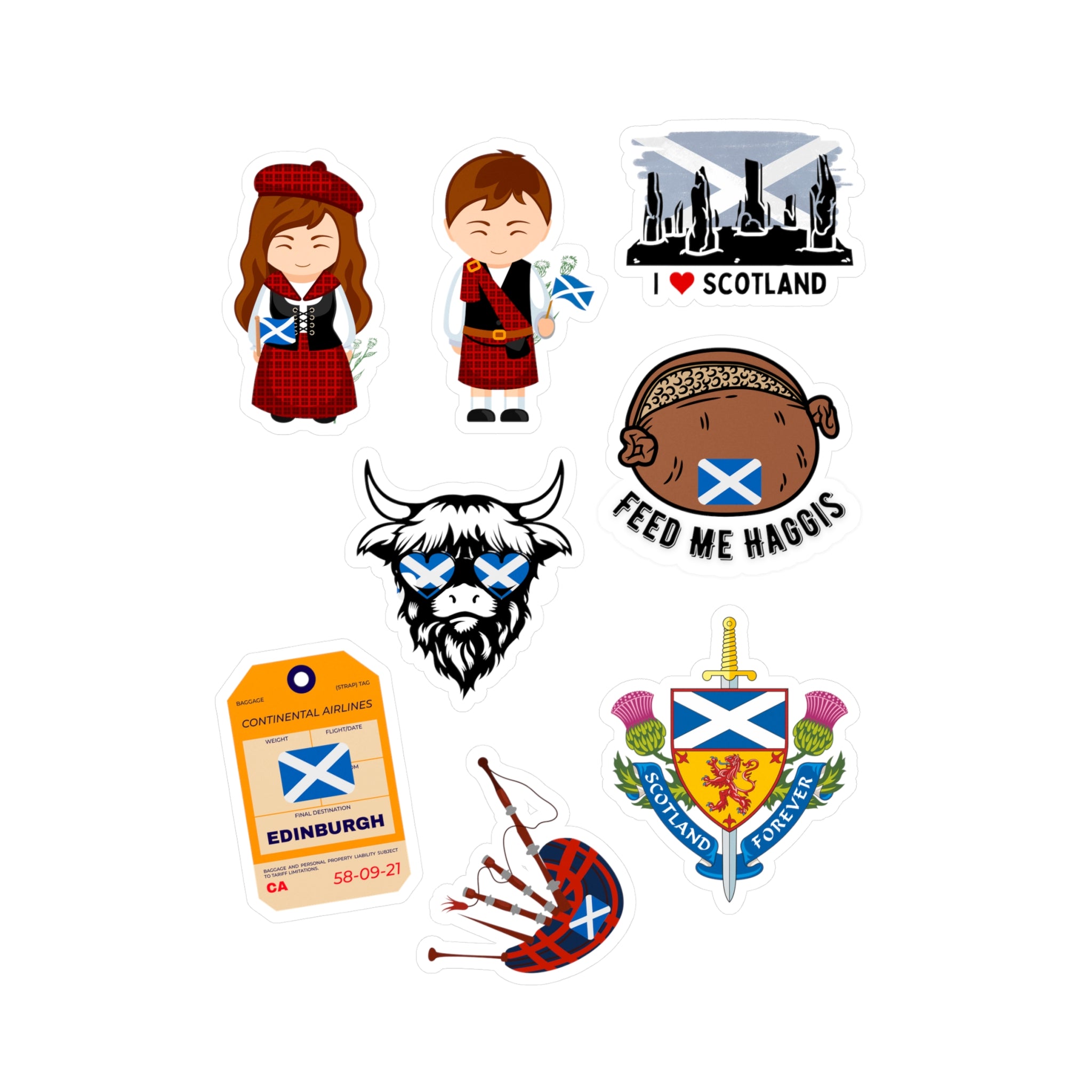 Scotland Sticker Pack — Kiss-Cut Vinyl Decals (Highland Icons, Haggis, Thistle & Saltire)
