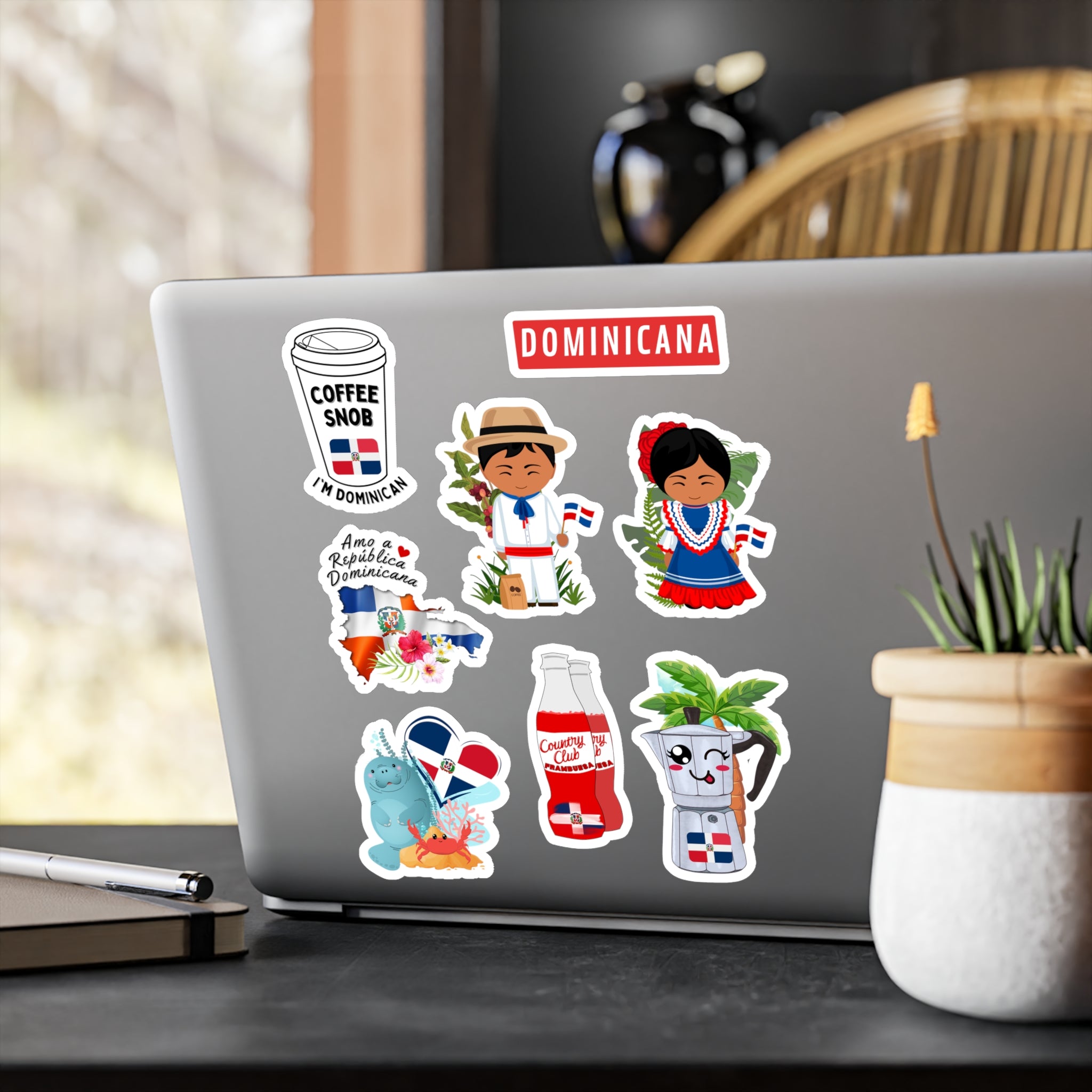 Dominicana Kiss-Cut Vinyl Decals — Dominican Republic Travel Souvenir Sticker Set (Coffee, Flag, Folklore)