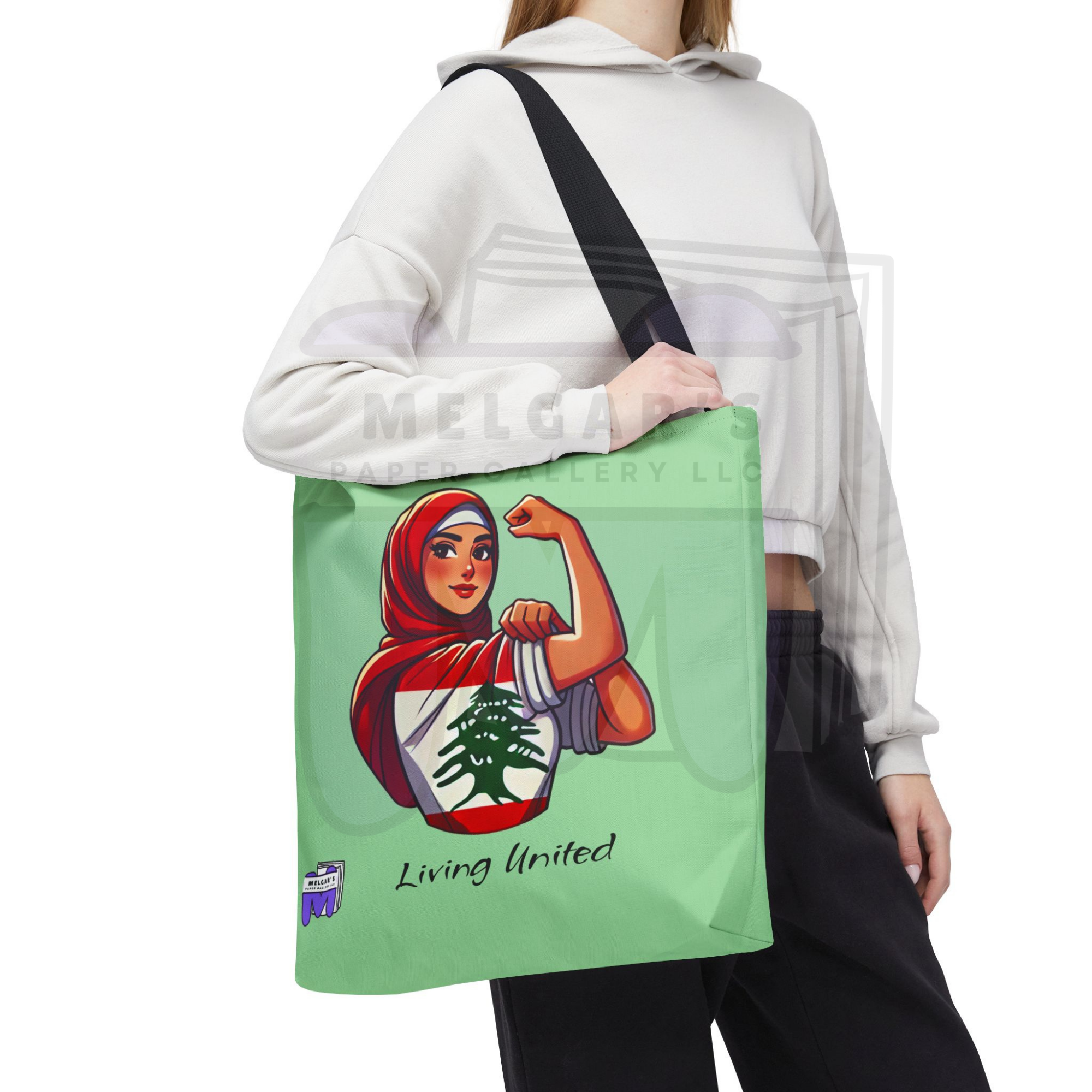 Mint Green Tote Bag 'Living United' Lebanese Cedar Graphic by Melgars Paper Gallery
