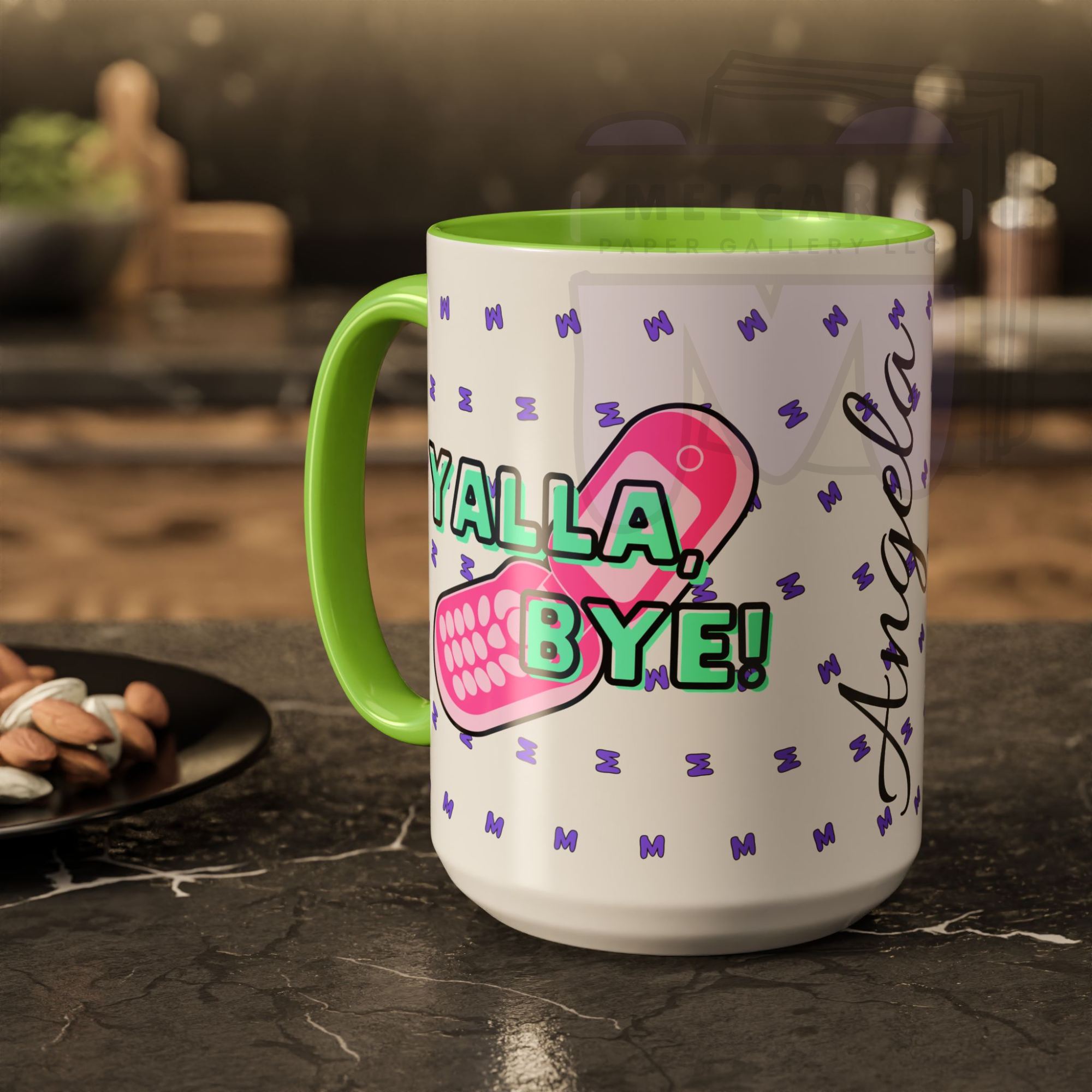 “Yalla, Bye!” Mug - Fun Lime Green and Pink Flip Phone Design (11oz, 15oz)
