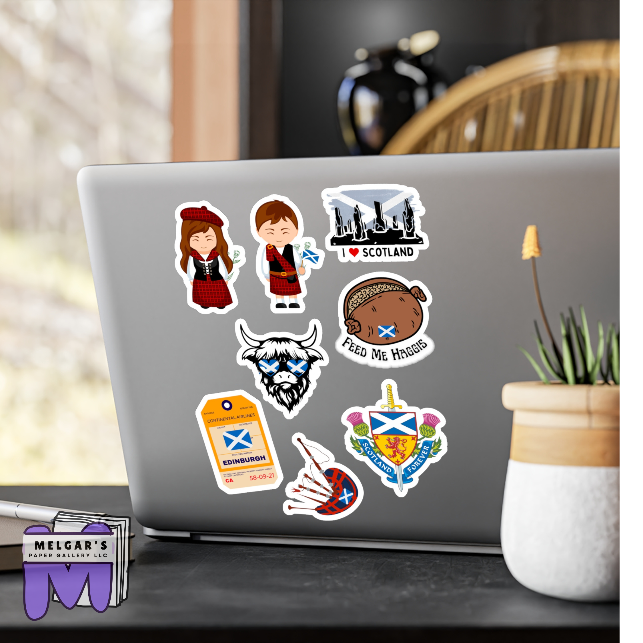Scotland Kiss-Cut Vinyl Decal Set - Scottish Icons (Tartan Couple, Bagpipe, Thistle Crest, Haggis)