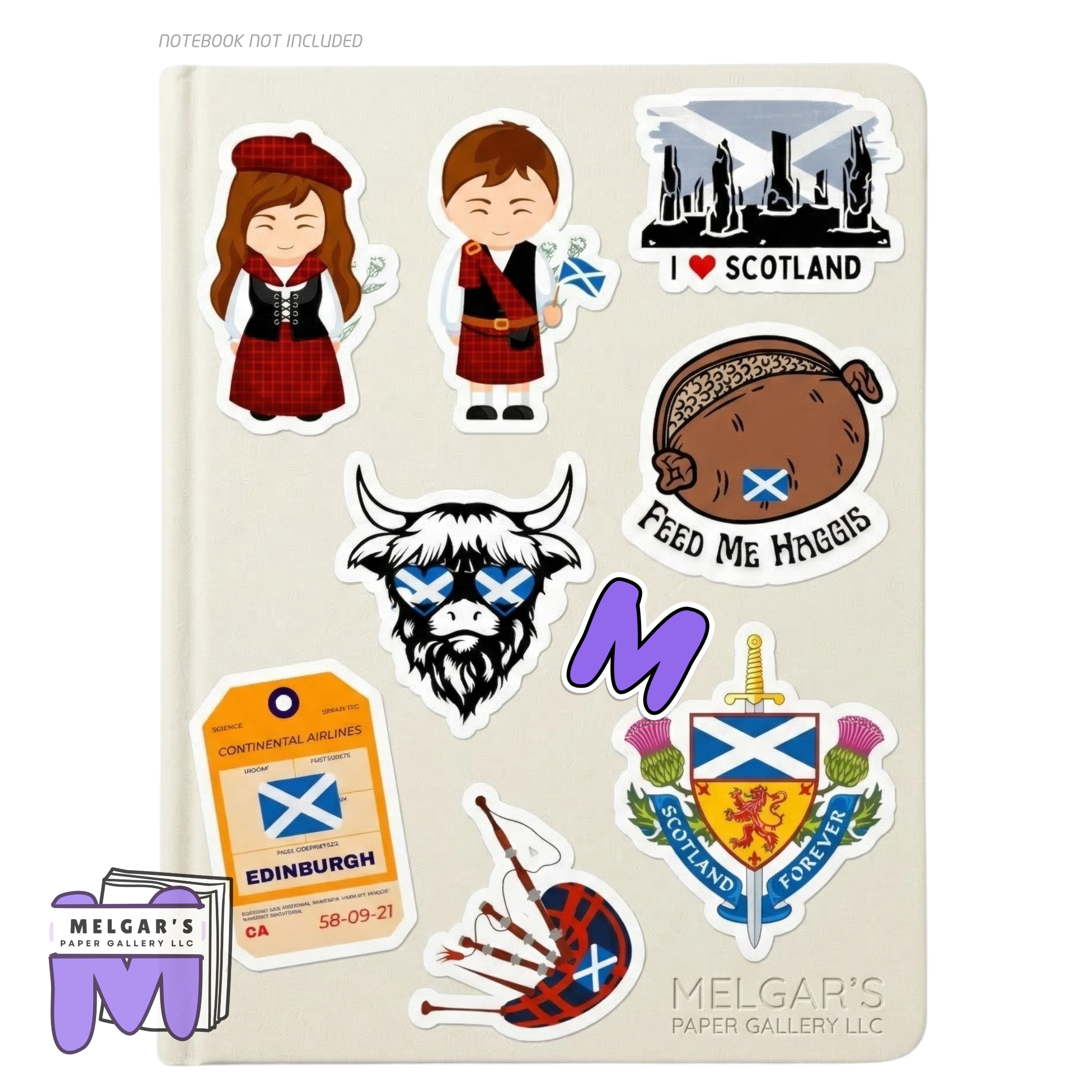 Scotland Kiss-Cut Vinyl Decal Set - Scottish Icons (Tartan Couple, Bagpipe, Thistle Crest, Haggis)