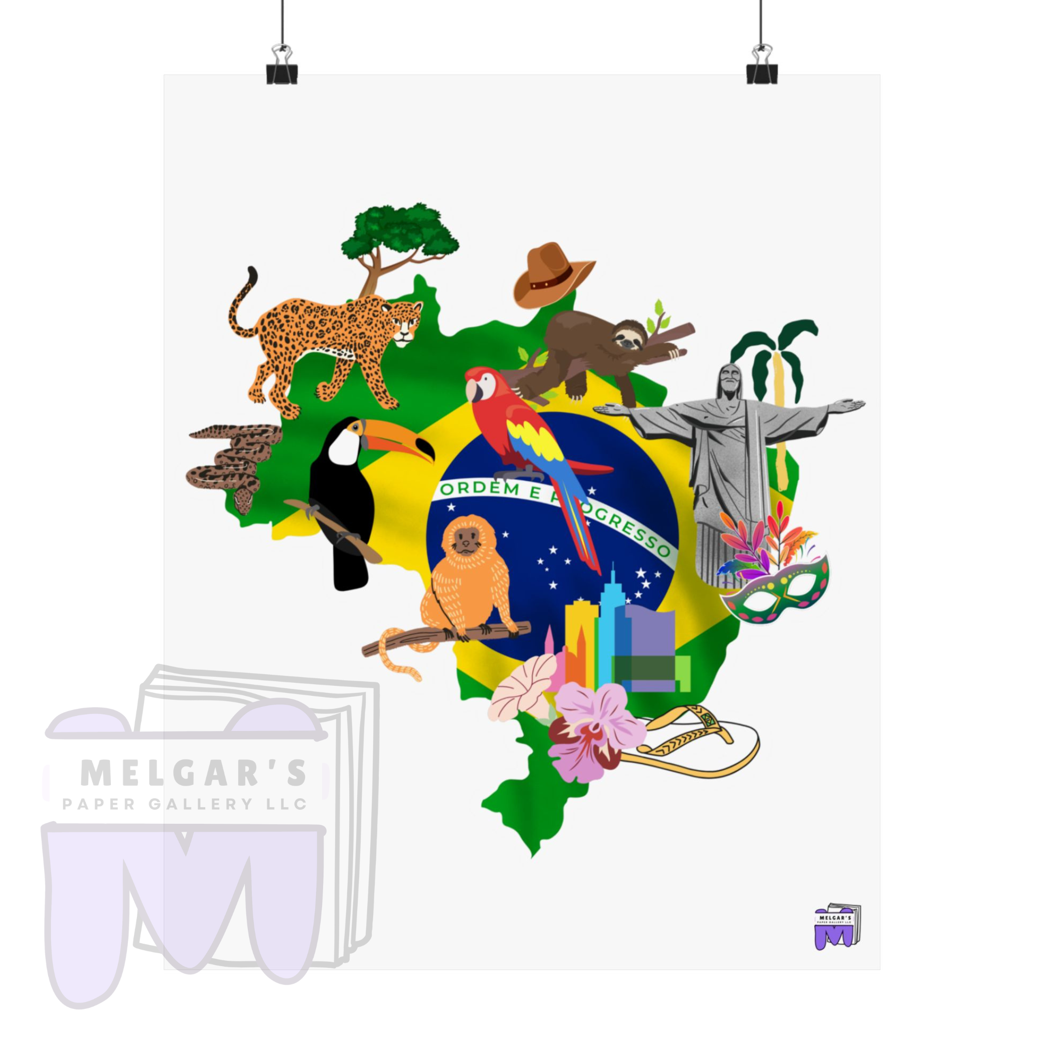 Brazil Map Wildlife Art Print Museum Quality Giclee Poster for Home Decor