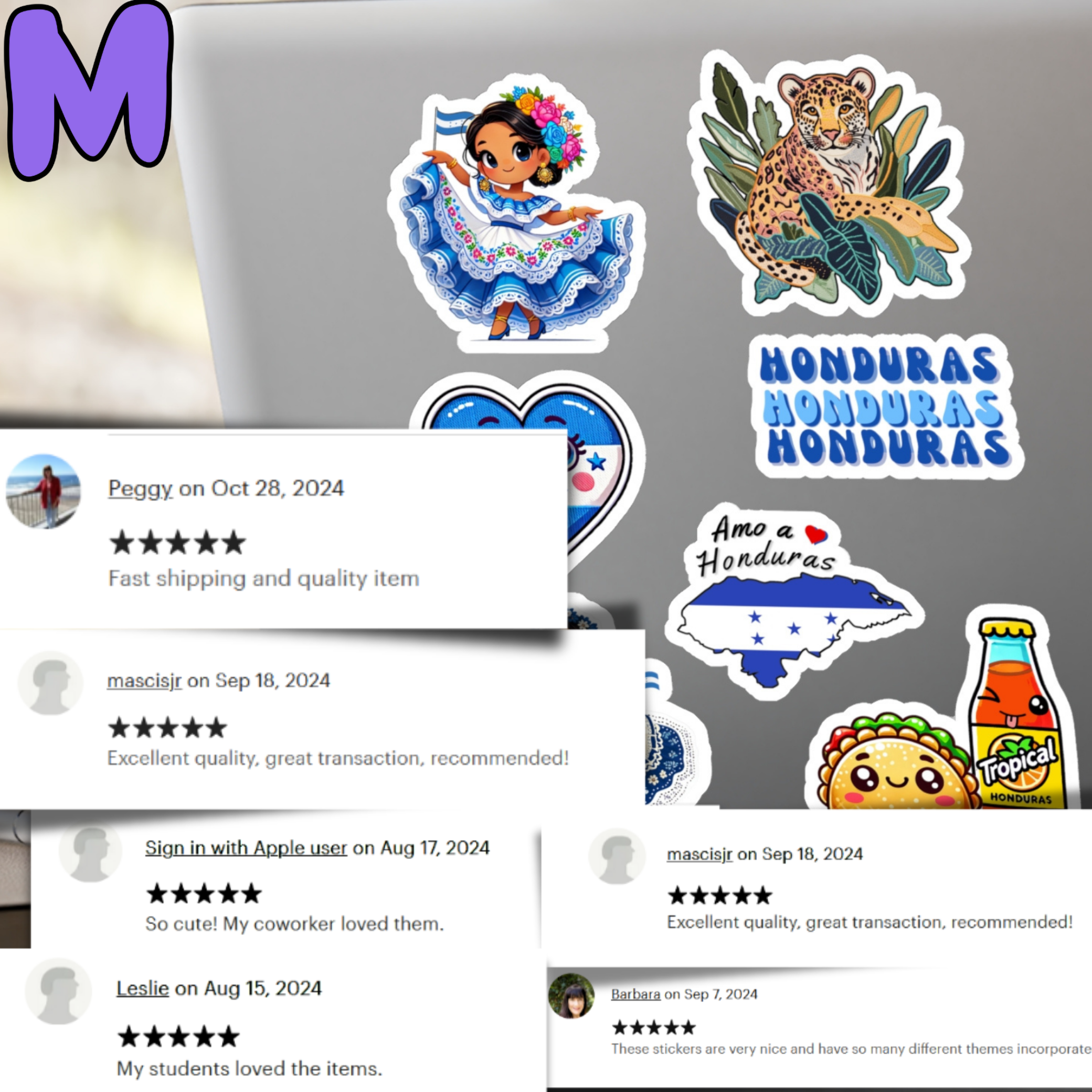 Waterproof Honduras Sticker Pack Set of 8 Large Decals -Vinyl Decals for Unique Gifts, Students, Classrooms, Waterbottles, notebookes & more! (Traditional Dancer, Map, Tropical Icons)