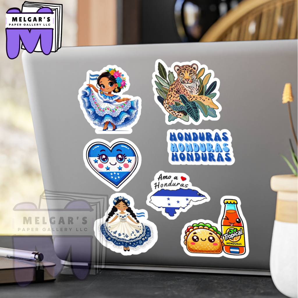 Waterproof Honduras Sticker Pack Set of 8 Large Decals -Vinyl Decals for Unique Gifts, Students, Classrooms, Waterbottles, notebookes & more! (Traditional Dancer, Map, Tropical Icons)