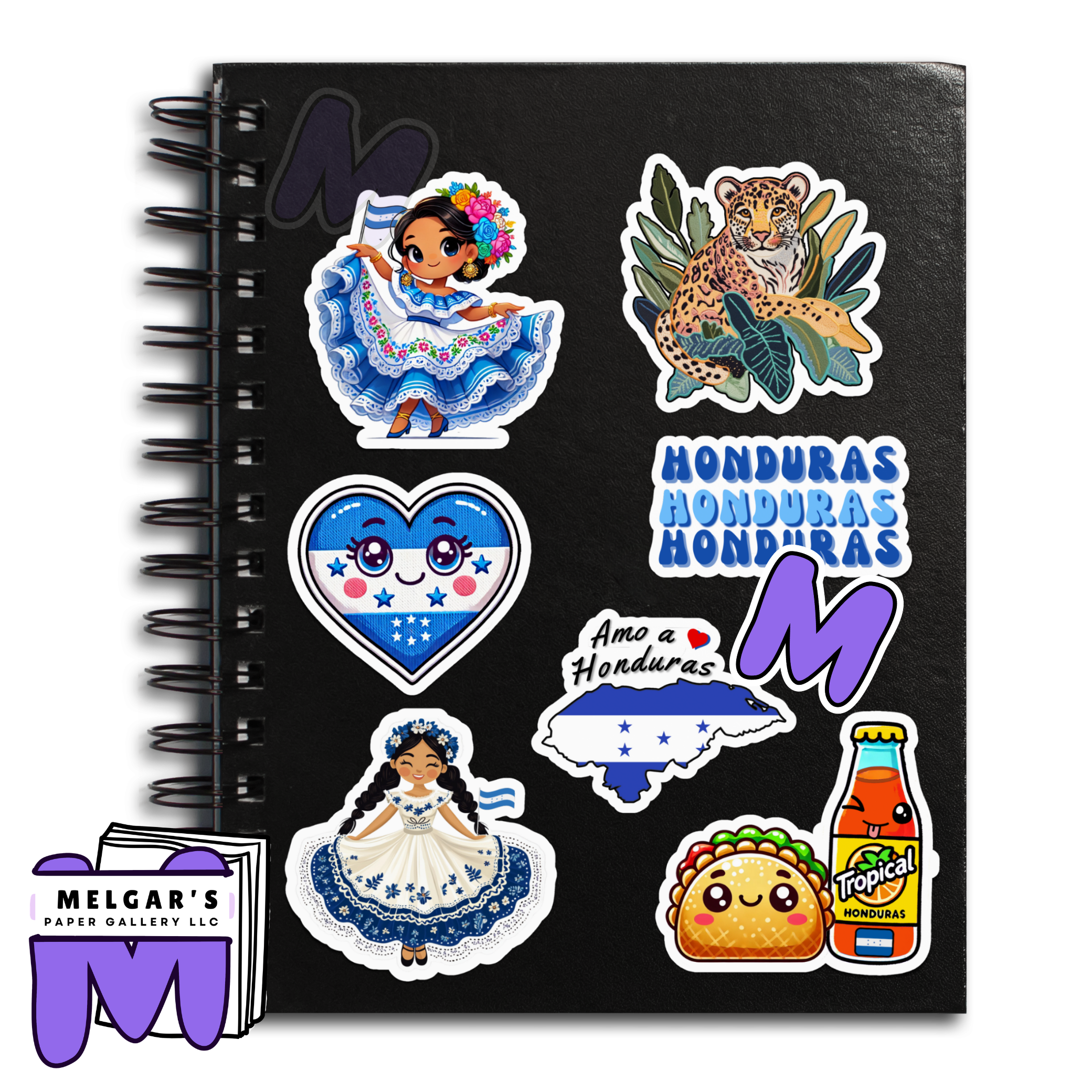 Waterproof Honduras Sticker Pack Set of 8 Large Decals -Vinyl Decals for Unique Gifts, Students, Classrooms, Waterbottles, notebookes & more! (Traditional Dancer, Map, Tropical Icons)