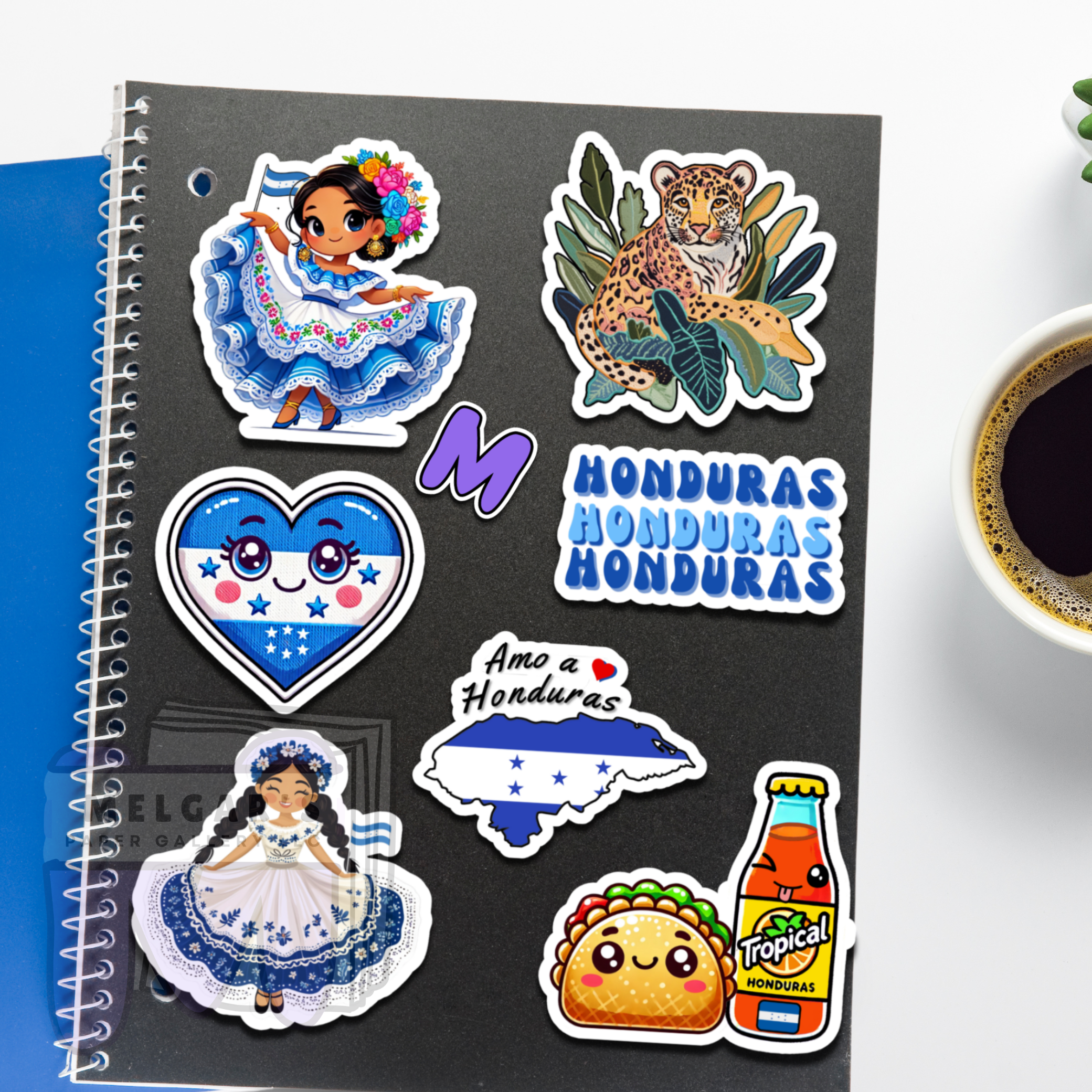 Waterproof Honduras Sticker Pack Set of 8 Large Decals -Vinyl Decals for Unique Gifts, Students, Classrooms, Waterbottles, notebookes & more! (Traditional Dancer, Map, Tropical Icons)