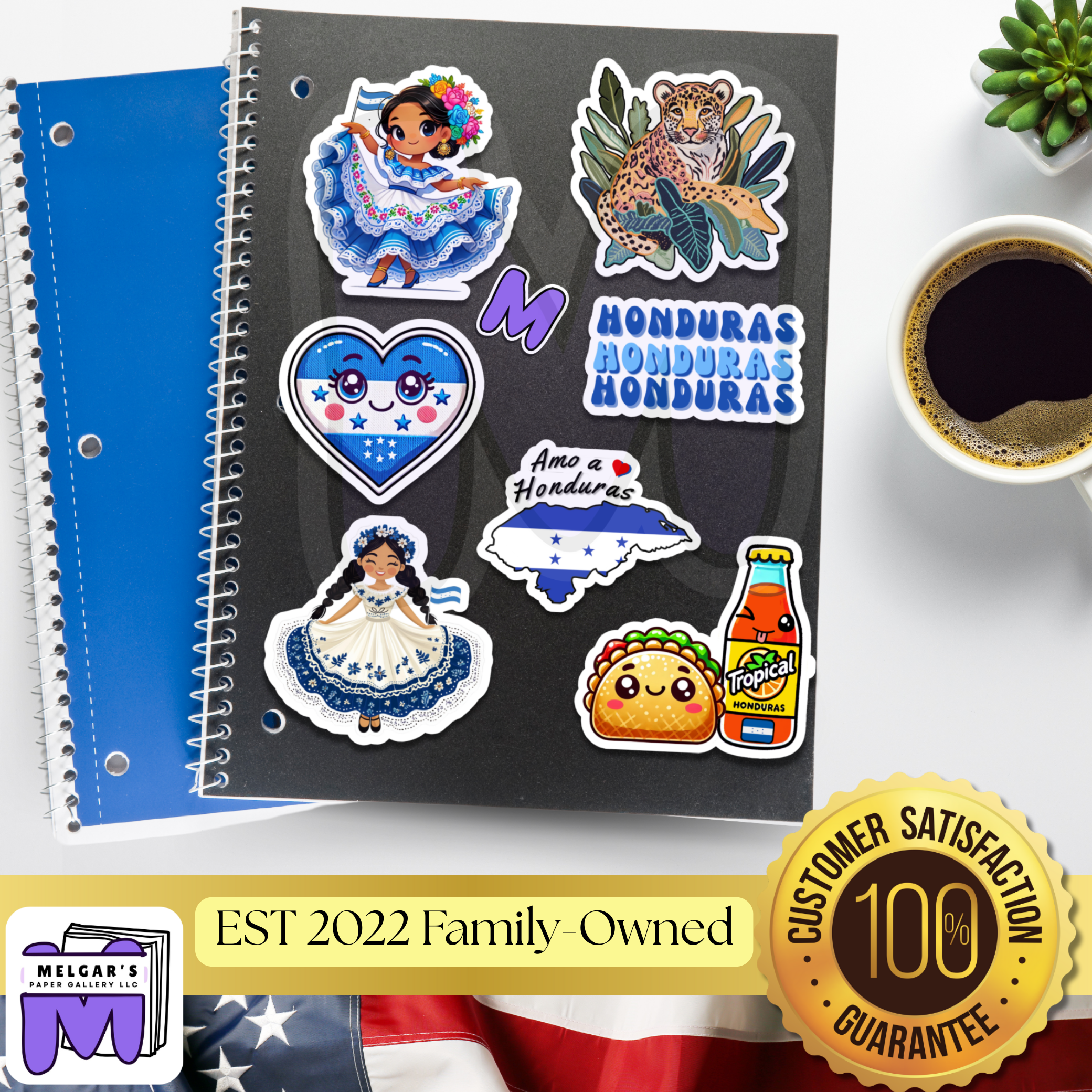 Waterproof Honduras Sticker Pack Set of 8 Large Decals -Vinyl Decals for Unique Gifts, Students, Classrooms, Waterbottles, notebookes & more! (Traditional Dancer, Map, Tropical Icons)