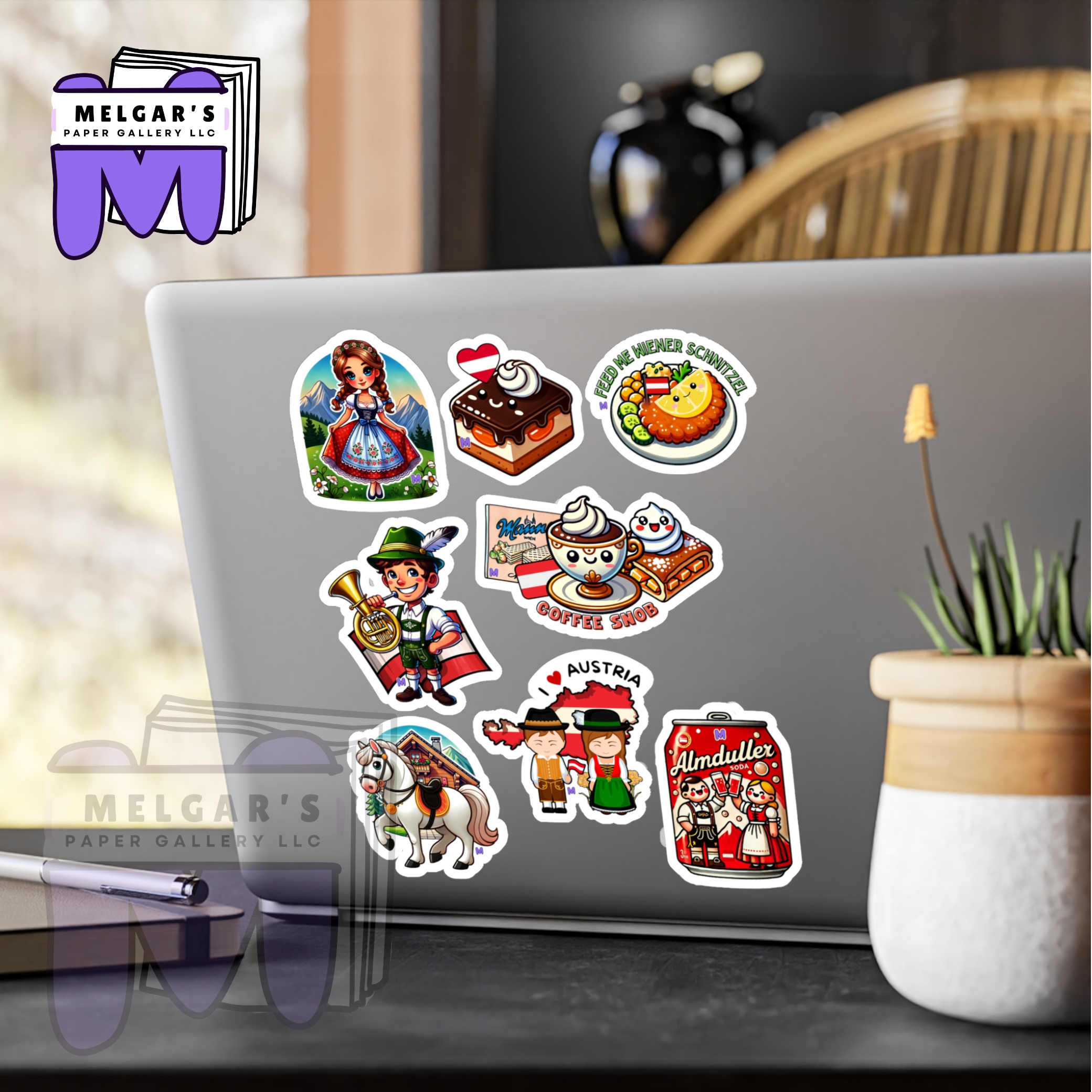 Waterproof Austrian Travel Sticker Pack - Vinyl Decals of Austria (Alpine Dancer, Tyrolean Boy, Coffee Shop & Souvenir Icons)