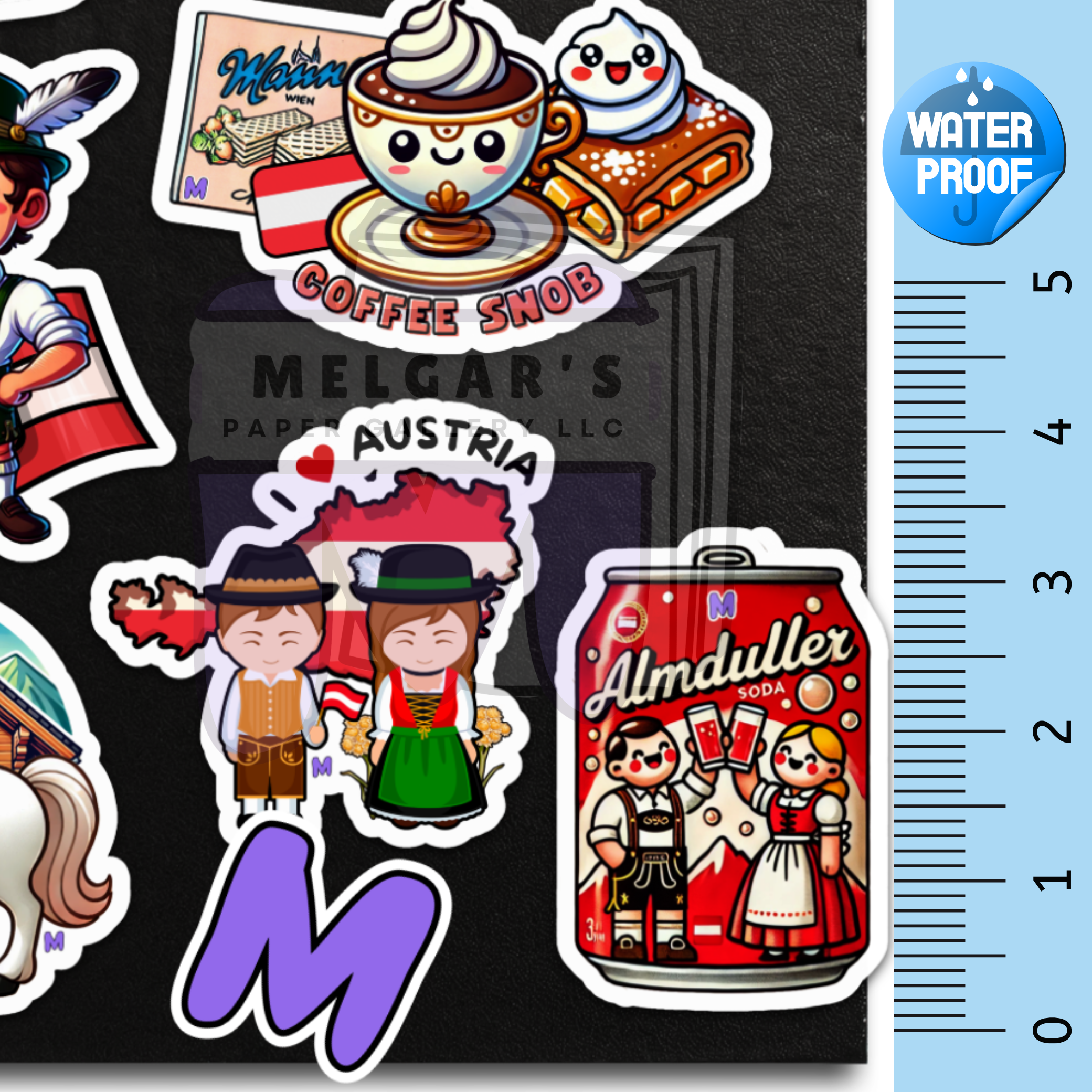 Waterproof Austrian Travel Sticker Pack - Vinyl Decals of Austria (Alpine Dancer, Tyrolean Boy, Coffee Shop & Souvenir Icons)
