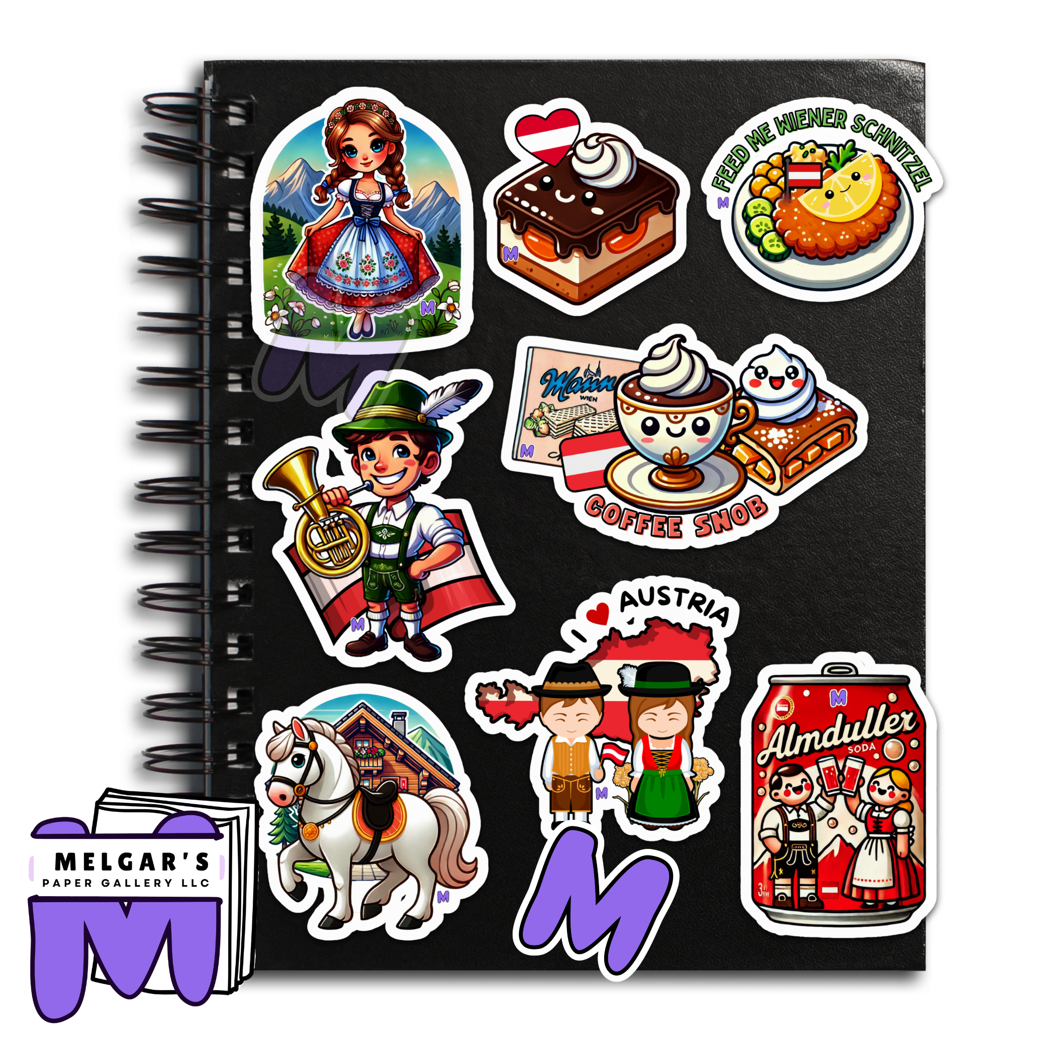 Waterproof Austrian Travel Sticker Pack - Vinyl Decals of Austria (Alpine Dancer, Tyrolean Boy, Coffee Shop & Souvenir Icons)