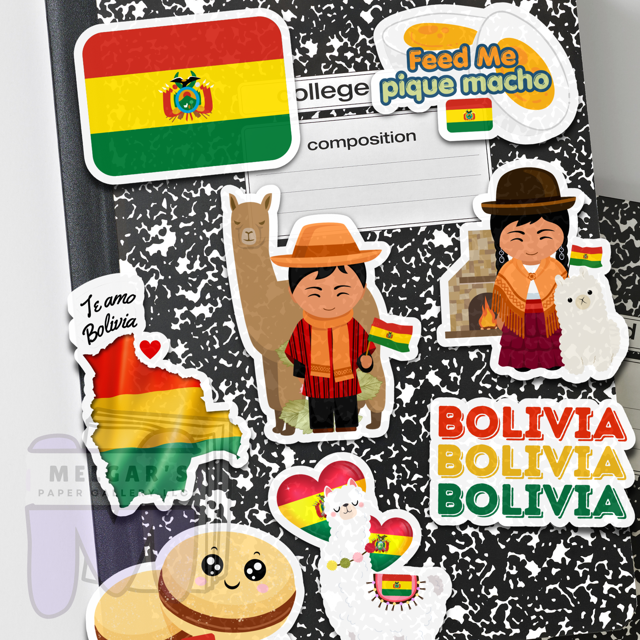 Waterproof Bolivia Sticker Pack - Bolivian Vinyl Decals (Flag, Alfajor, Llama & Traditional Characters)