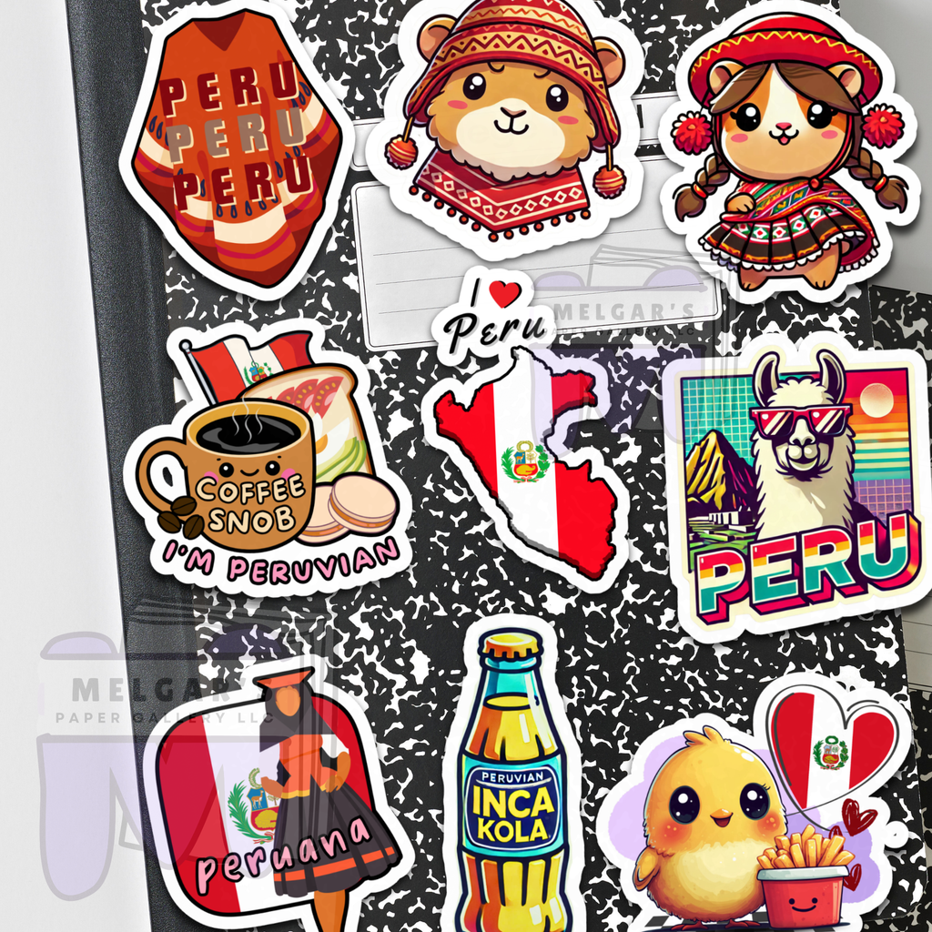 Waterproof Peru Travel Sticker Pack - Peruvian Vinyl Decals (Cute Alpaca, Inca Kola, Peruvian Icons)