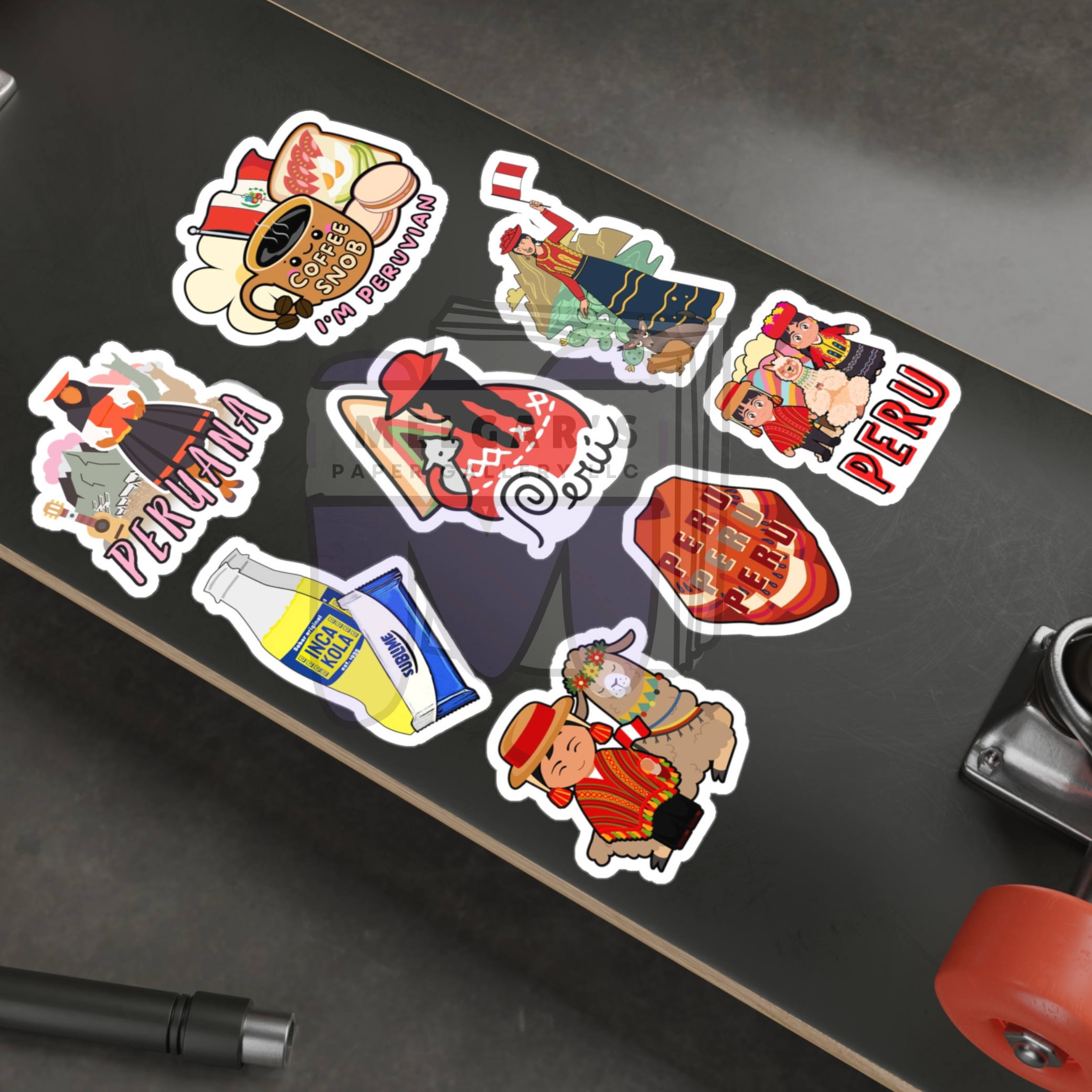 Waterproof Peruvian Sticker Pack - 8 Large Vinyl Decals - Inca Kola, Sublime, Llama, Poncho, Peruana Art - Heritage Gifts for Laptops & Water Bottles