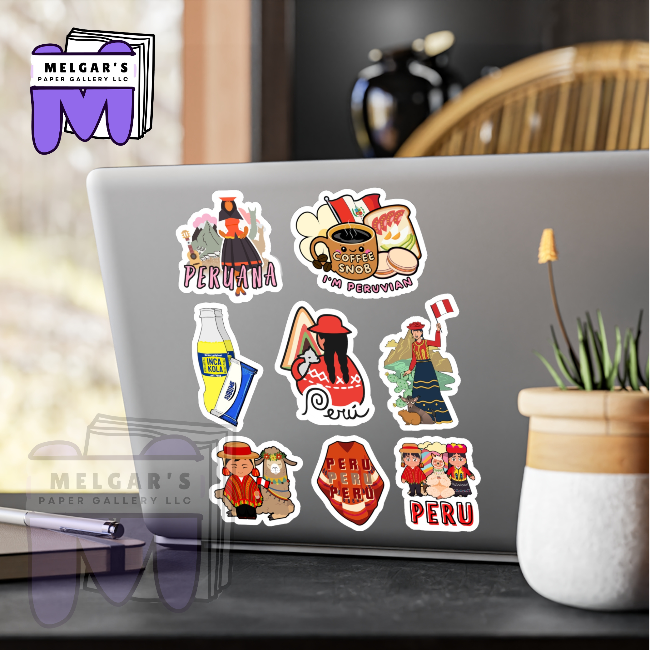Waterproof Peruvian Sticker Pack - 8 Large Vinyl Decals - Inca Kola, Sublime, Llama, Poncho, Peruana Art - Heritage Gifts for Laptops & Water Bottles