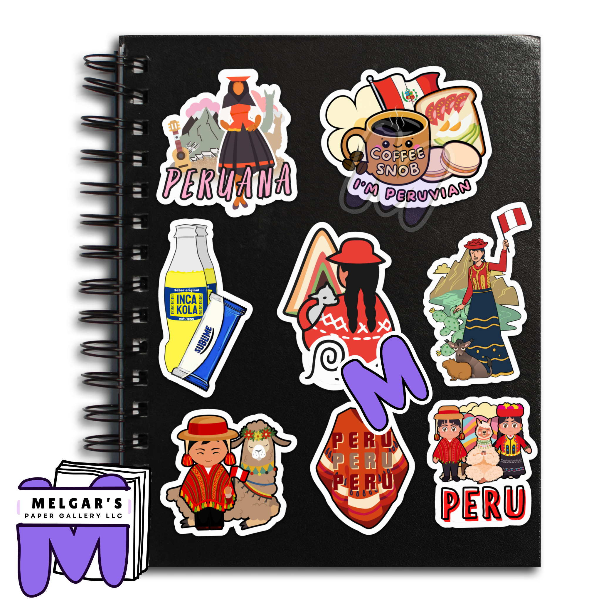 Waterproof Peruvian Sticker Pack - 8 Large Vinyl Decals - Inca Kola, Sublime, Llama, Poncho, Peruana Art - Heritage Gifts for Laptops & Water Bottles