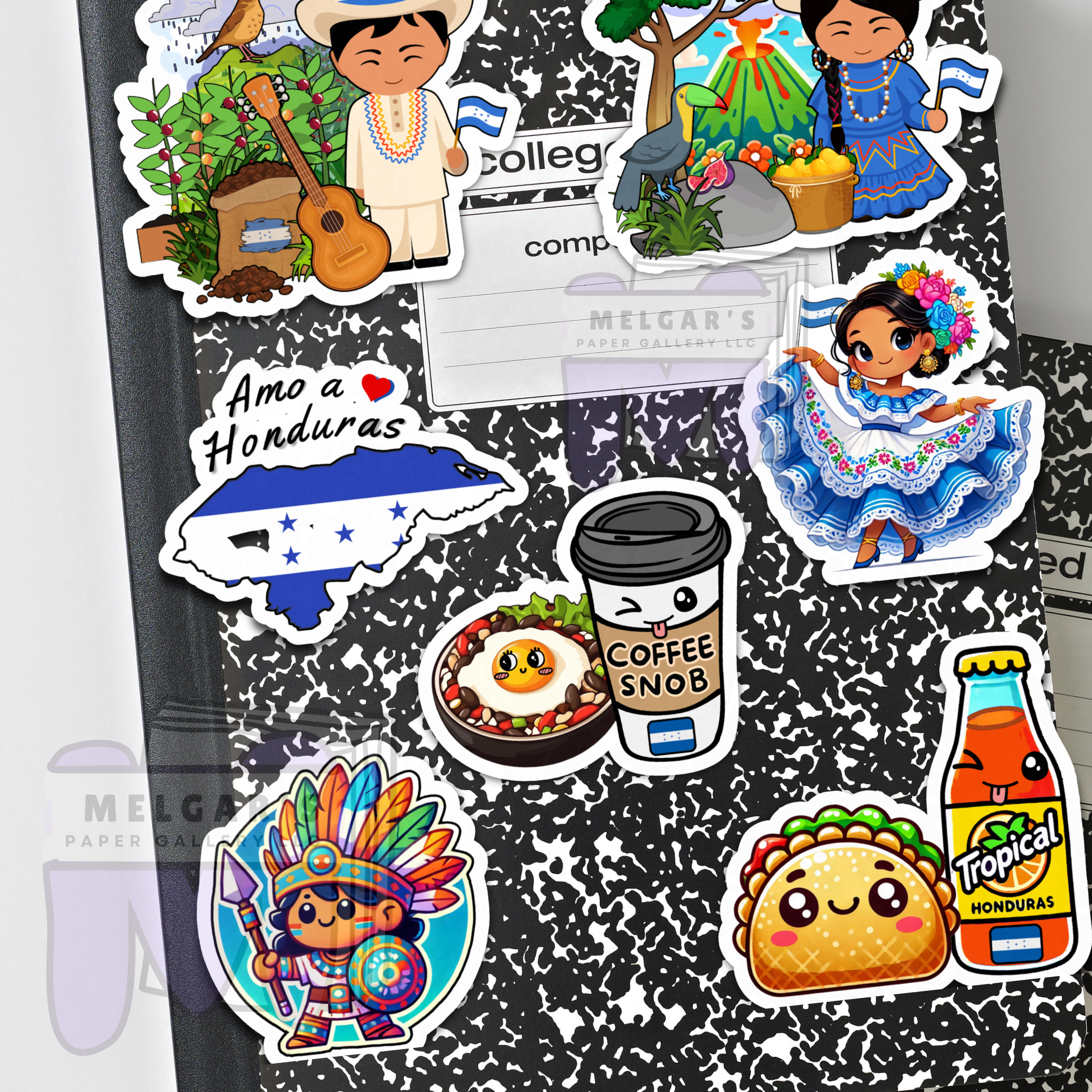 Waterproof Honduras Culture Sticker Pack Set of 8 Large Decals - (Traditional Dress, Food & Icons) Decals for Waterbottles, Laptops, Notebooks, Students & more!