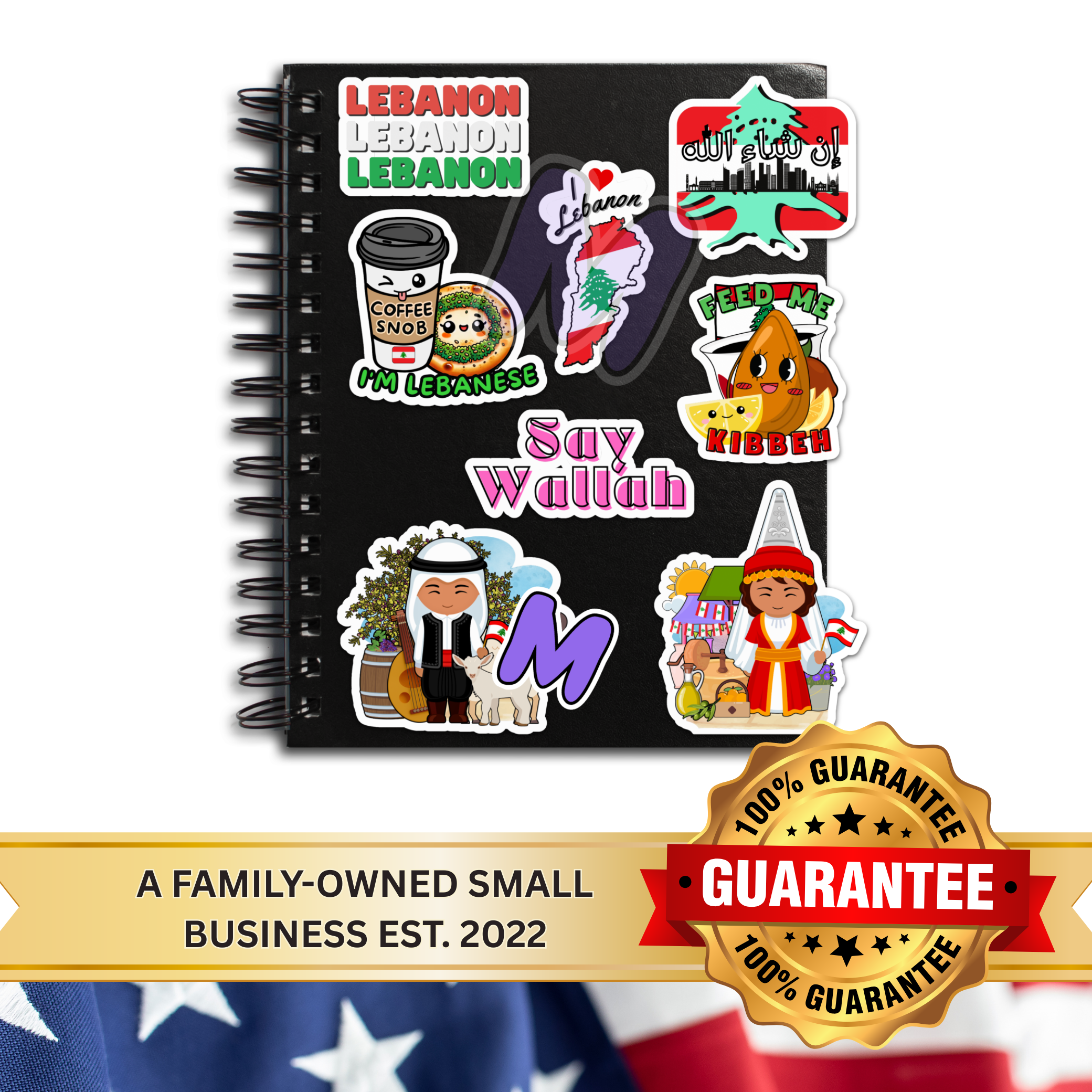 Waterproof Lebanon Sticker Pack of 8 Large Decals | Lebanese Vinyl Decals (Say Wallah, Cedar & Cultural Icons)