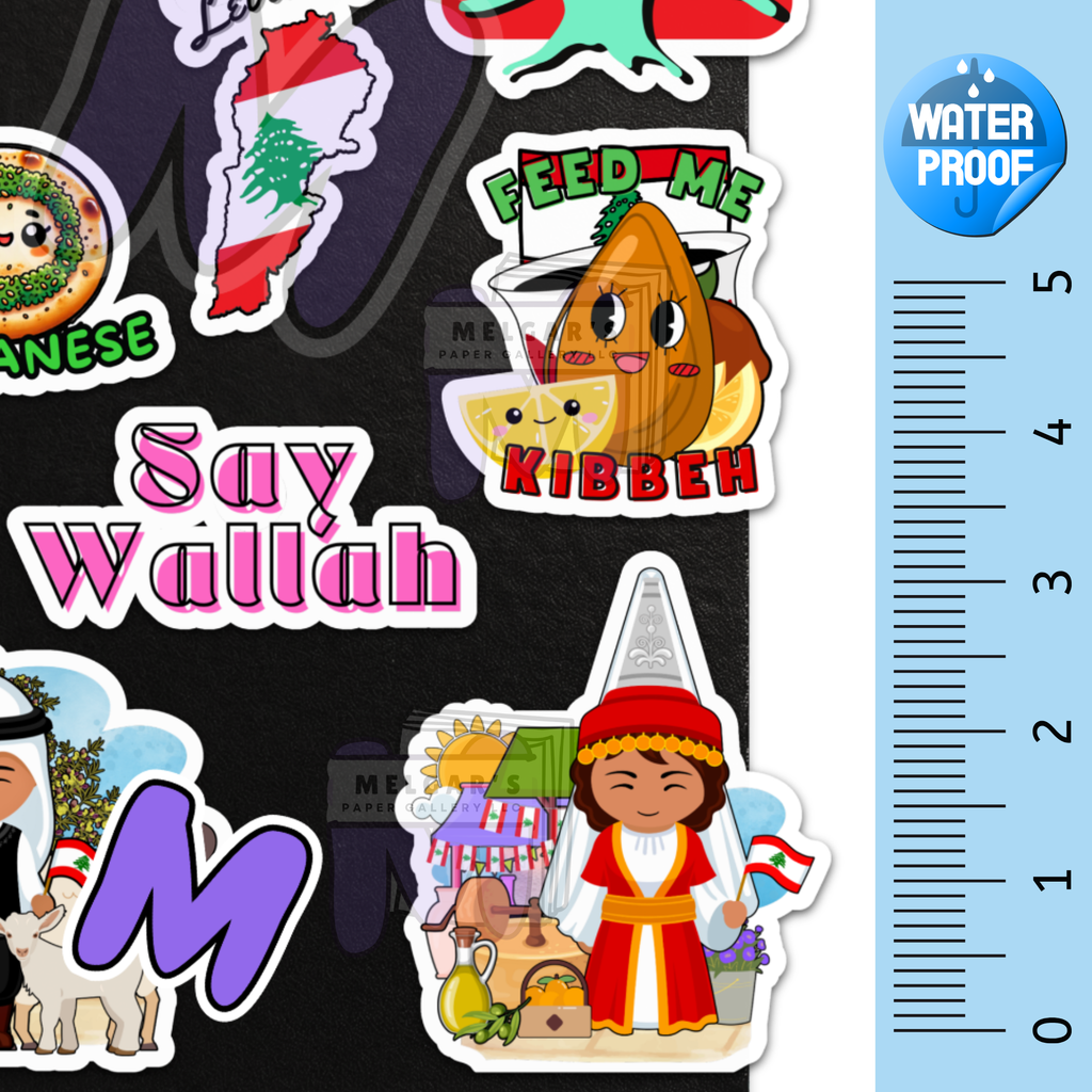Waterproof Lebanon Sticker Pack of 8 Large Decals | Lebanese Vinyl Decals (Say Wallah, Cedar & Cultural Icons)