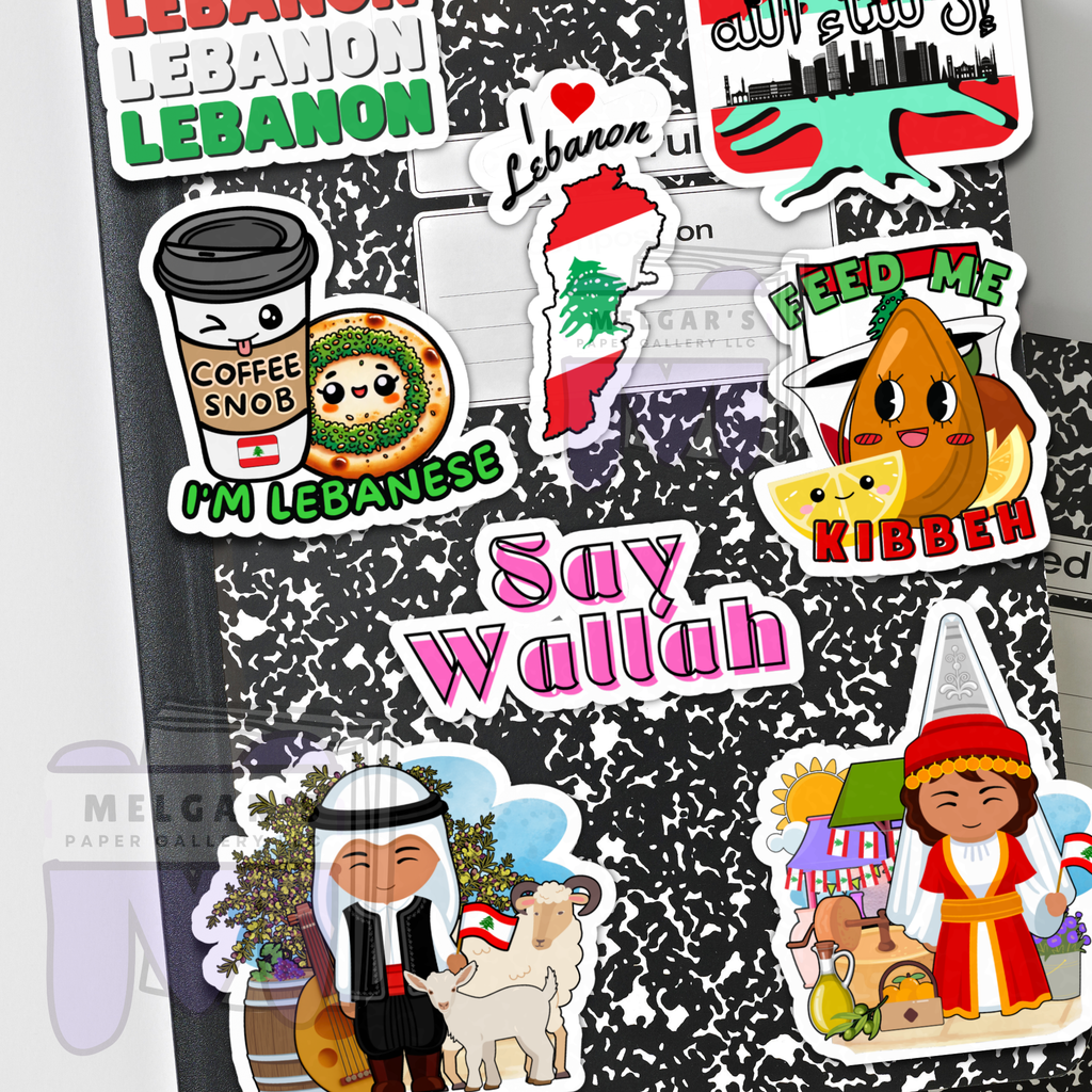 Waterproof Lebanon Sticker Pack of 8 Large Decals | Lebanese Vinyl Decals (Say Wallah, Cedar & Cultural Icons)