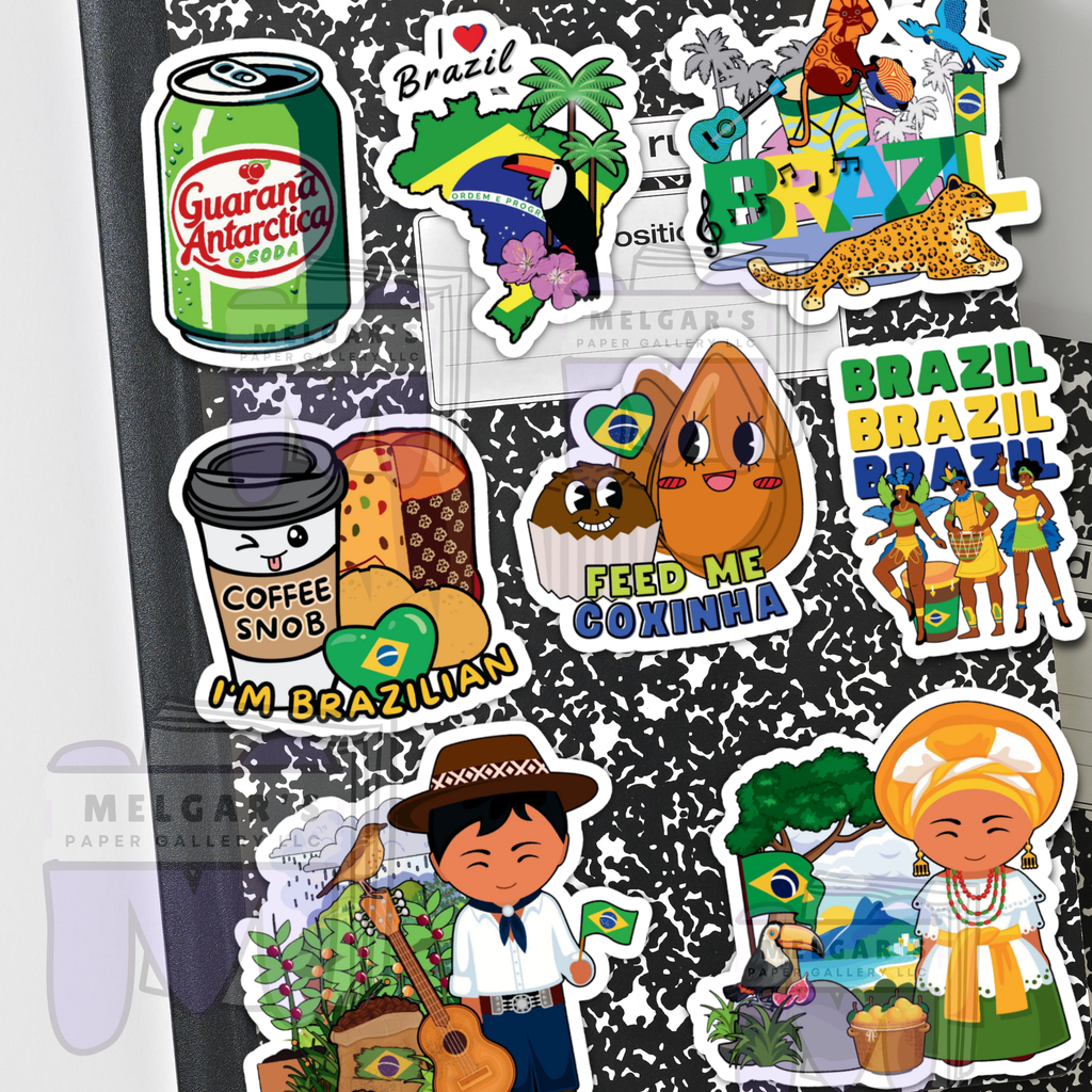 Waterproof Brazilian Culture Sticker Pack - Celebrate Brazil with Iconic Vinyl Decals (Guarana, Pao de queijo, Samba, Carnival)