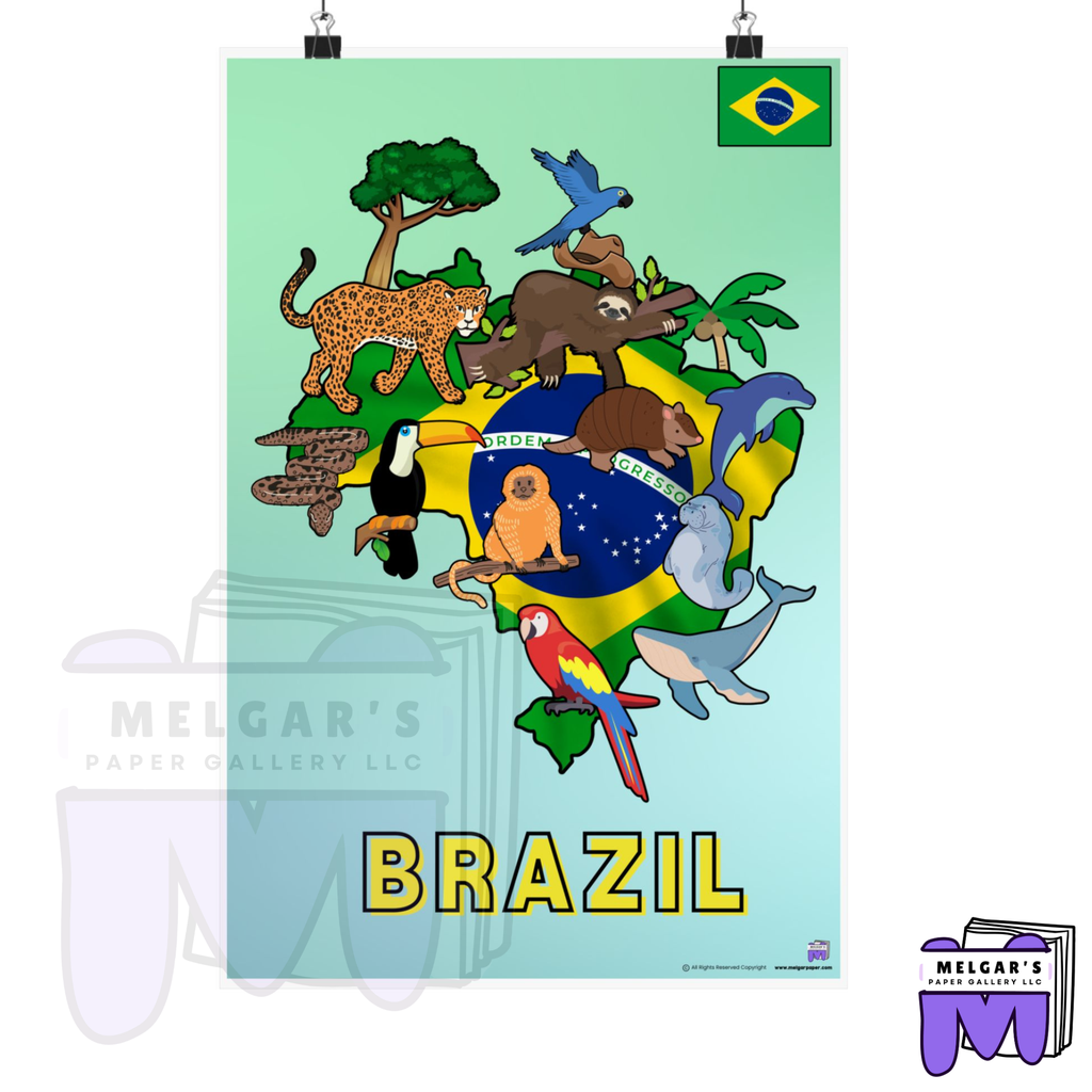 Educational Brazil Wildlife and Map Classroom Poster