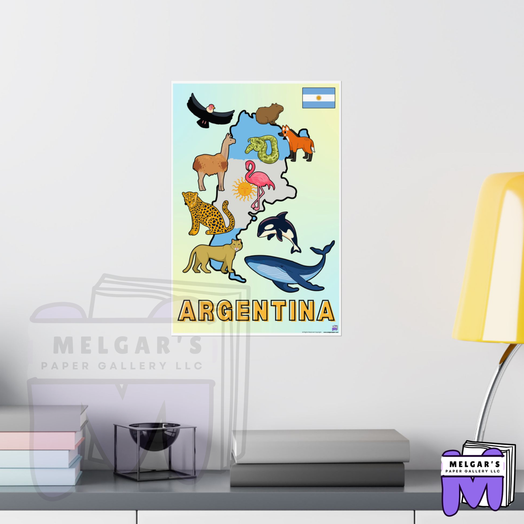 Argentina Illustrated Wildlife Map Poster | National Flag & Classroom Animal Art Print