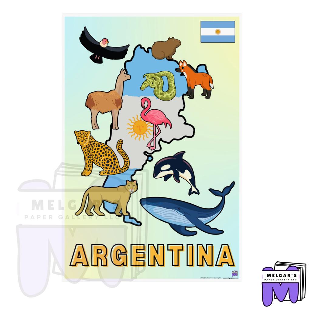 Argentina Illustrated Wildlife Map Poster | National Flag & Classroom Animal Art Print