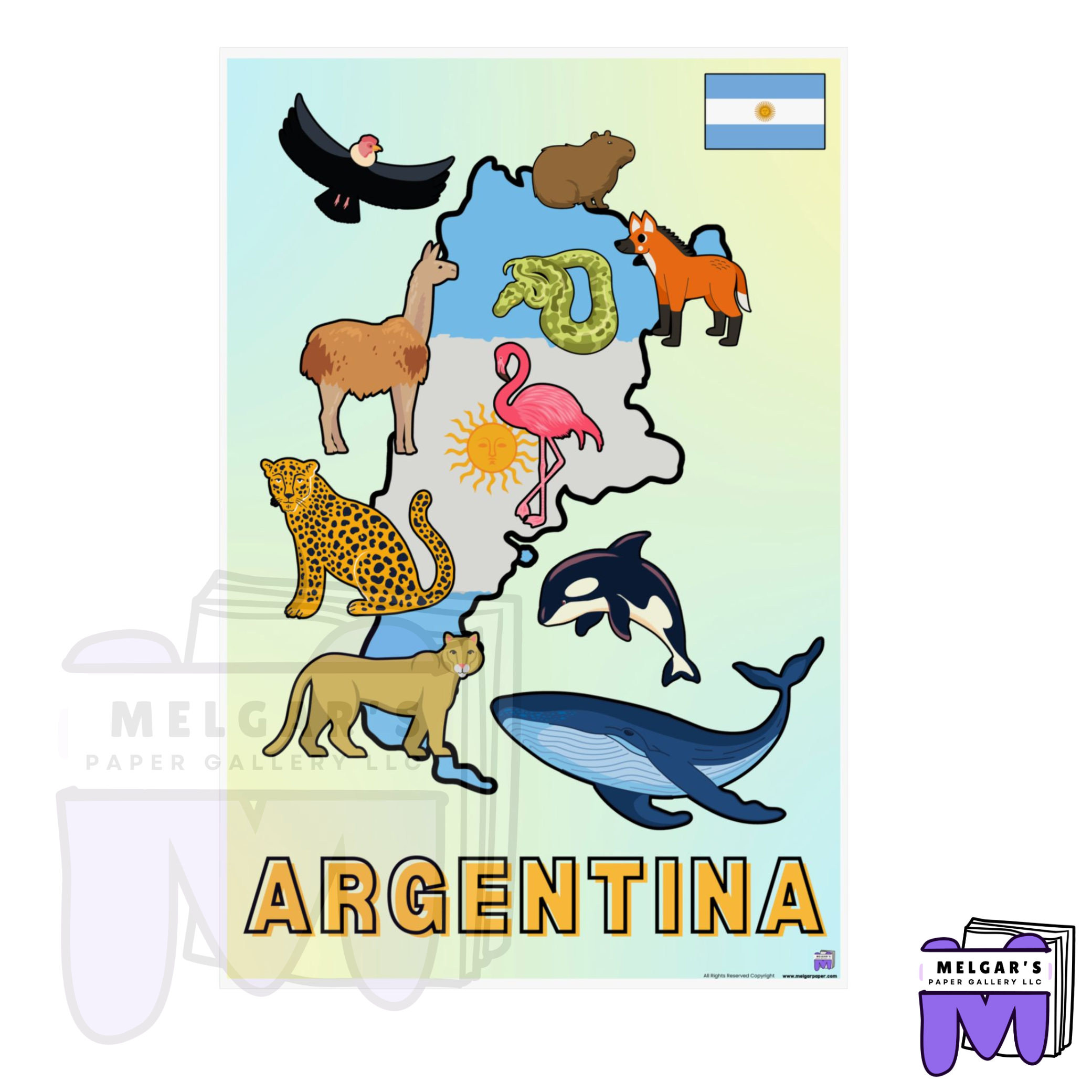 Argentina Illustrated Wildlife Map Poster | National Flag & Classroom Animal Art Print