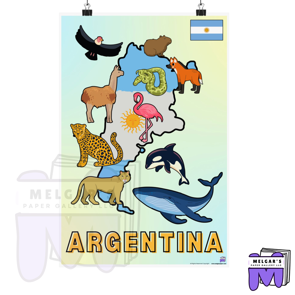 Argentina Illustrated Wildlife Map Poster | National Flag & Classroom Animal Art Print