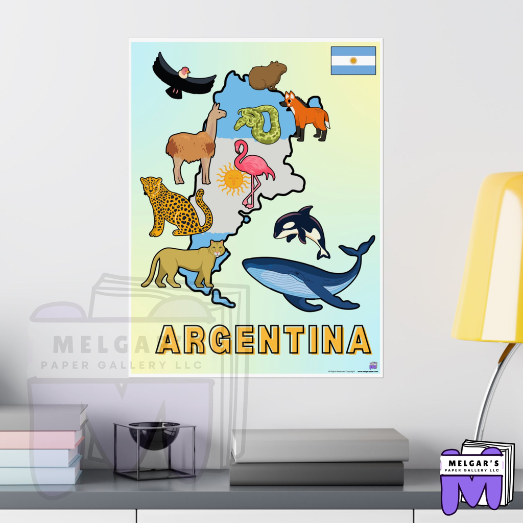 Argentina Illustrated Wildlife Map Poster | National Flag & Classroom Animal Art Print