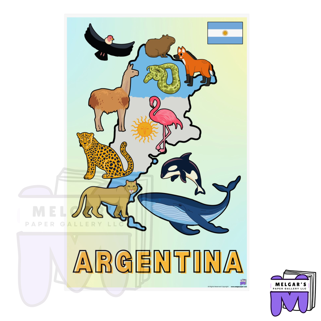 Argentina Illustrated Wildlife Map Poster | National Flag & Classroom Animal Art Print
