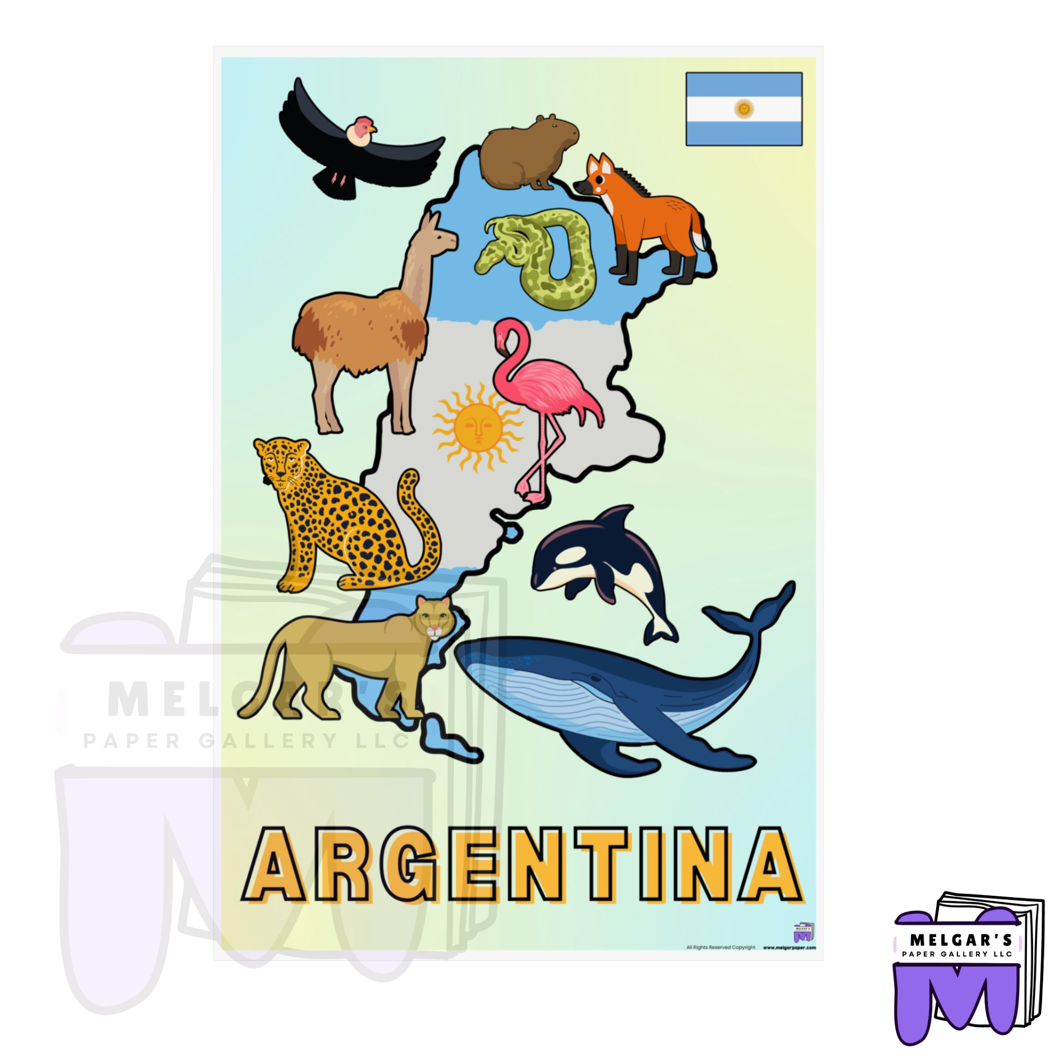 Argentina Illustrated Wildlife Map Poster | National Flag & Classroom Animal Art Print