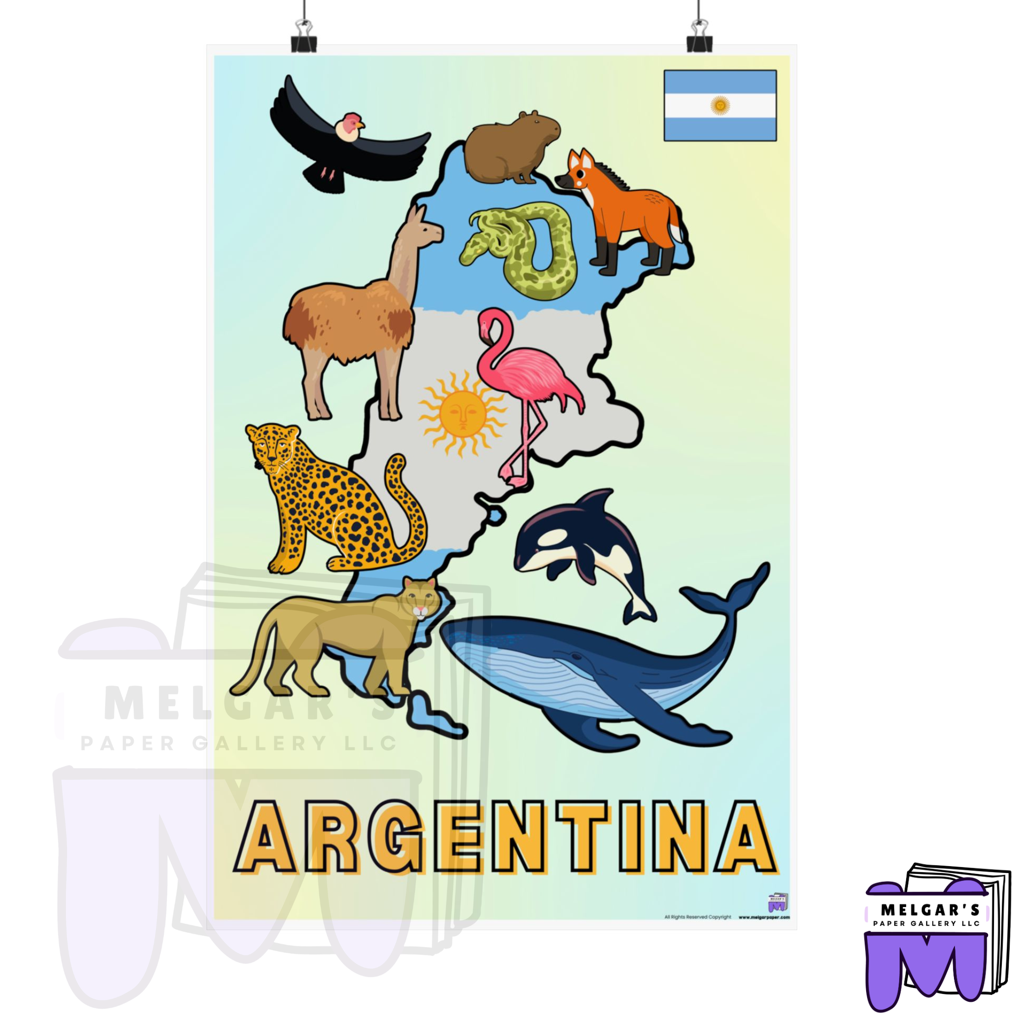Argentina Illustrated Wildlife Map Poster | National Flag & Classroom Animal Art Print