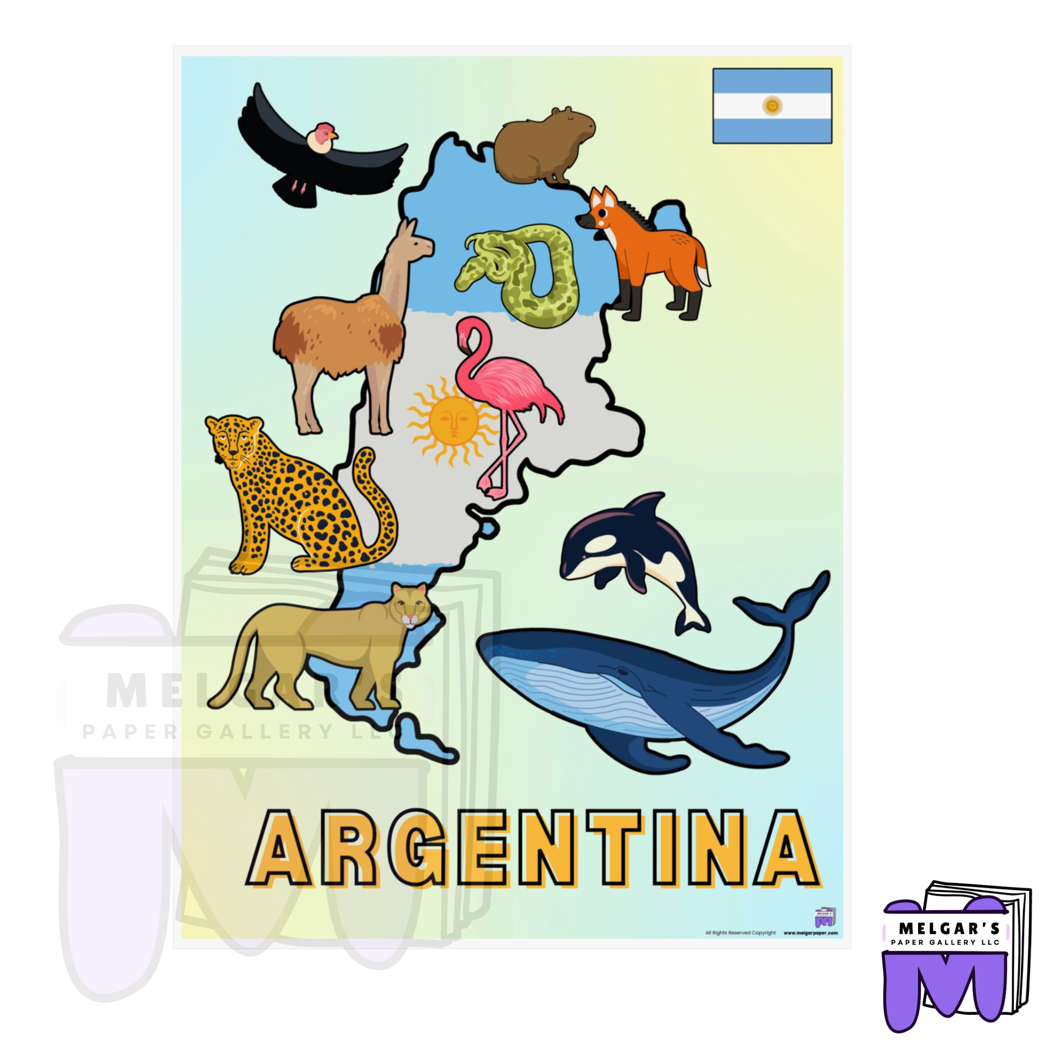 Argentina Illustrated Wildlife Map Poster | National Flag & Classroom Animal Art Print
