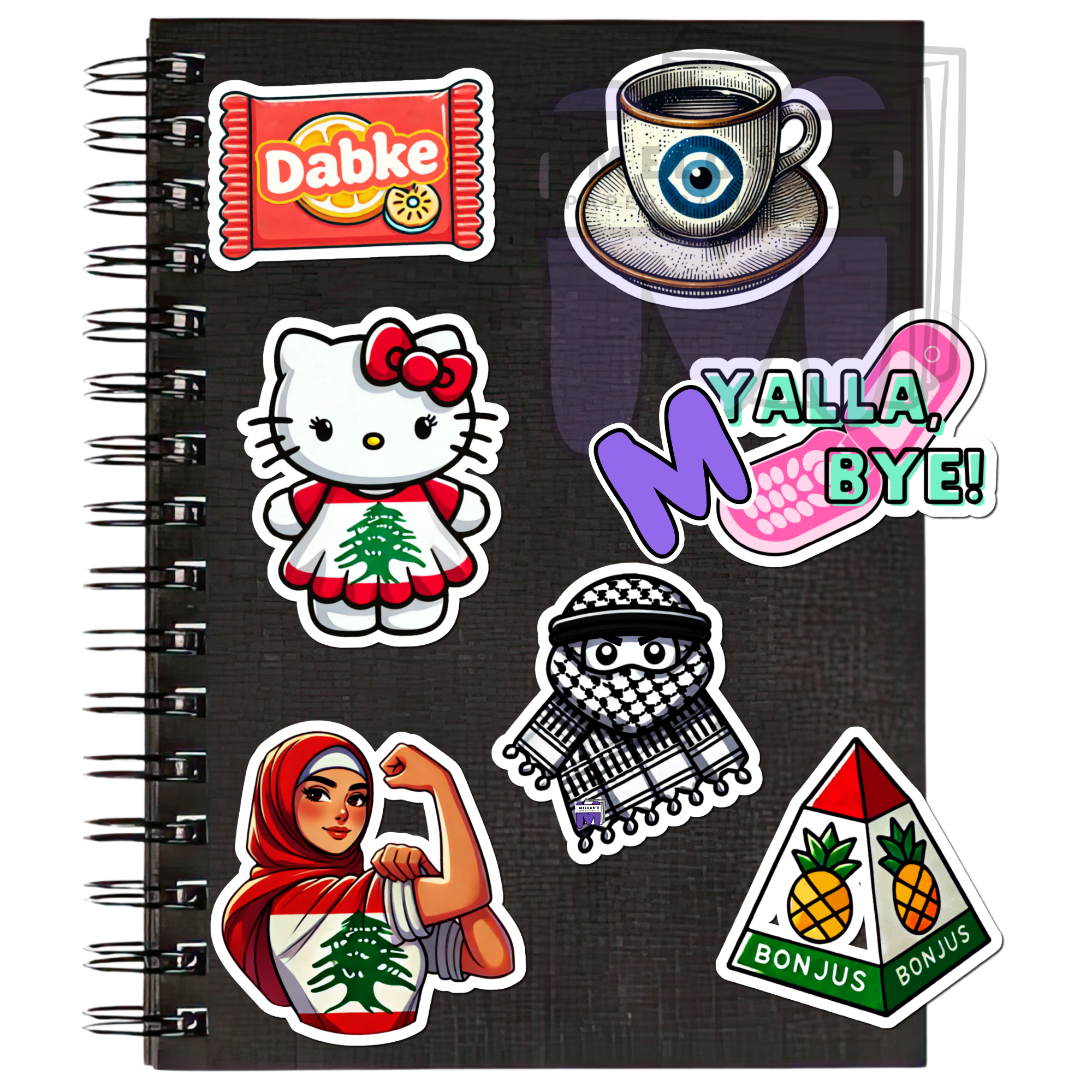 Middle Eastern Pop Culture Kiss-Cut Vinyl Decals — Hello Kitty, Dabke, Coffee & 'Yalla Bye' Sticker Set