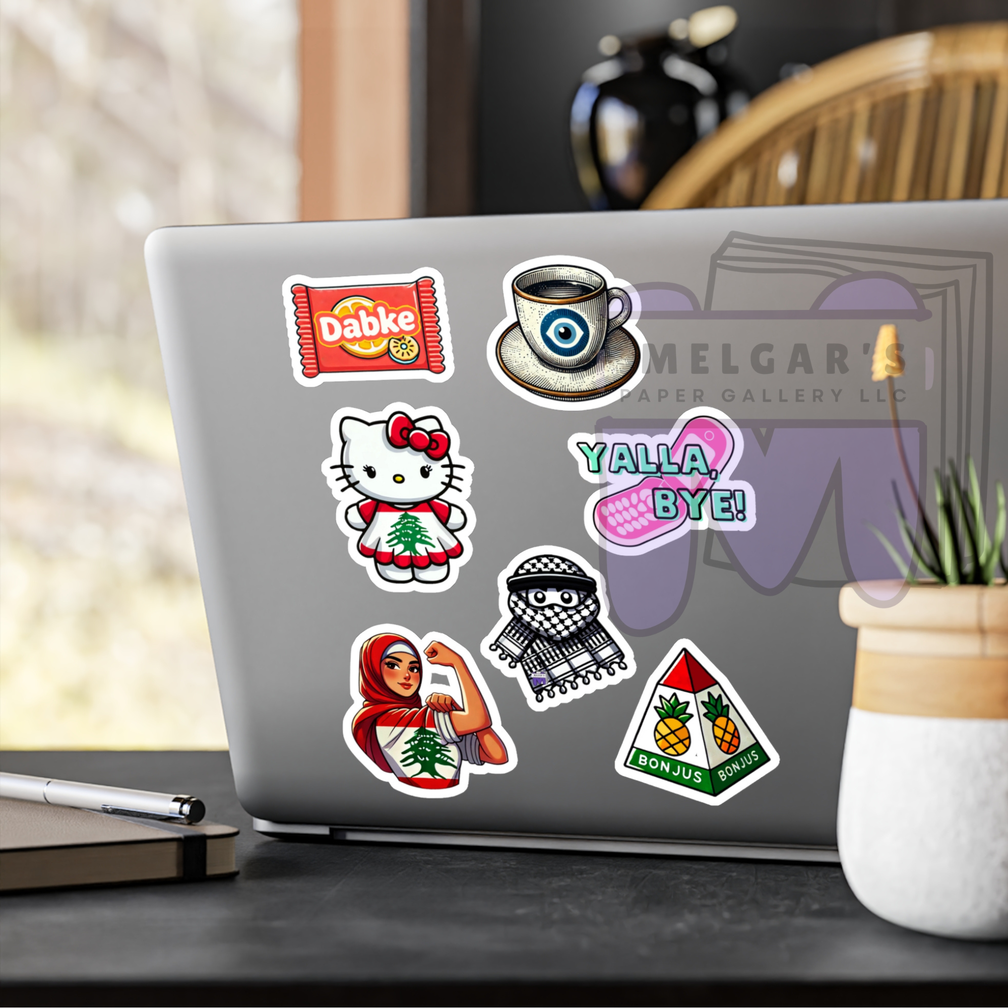 Middle Eastern Pop Culture Kiss-Cut Vinyl Decals — Hello Kitty, Dabke, Coffee & 'Yalla Bye' Sticker Set
