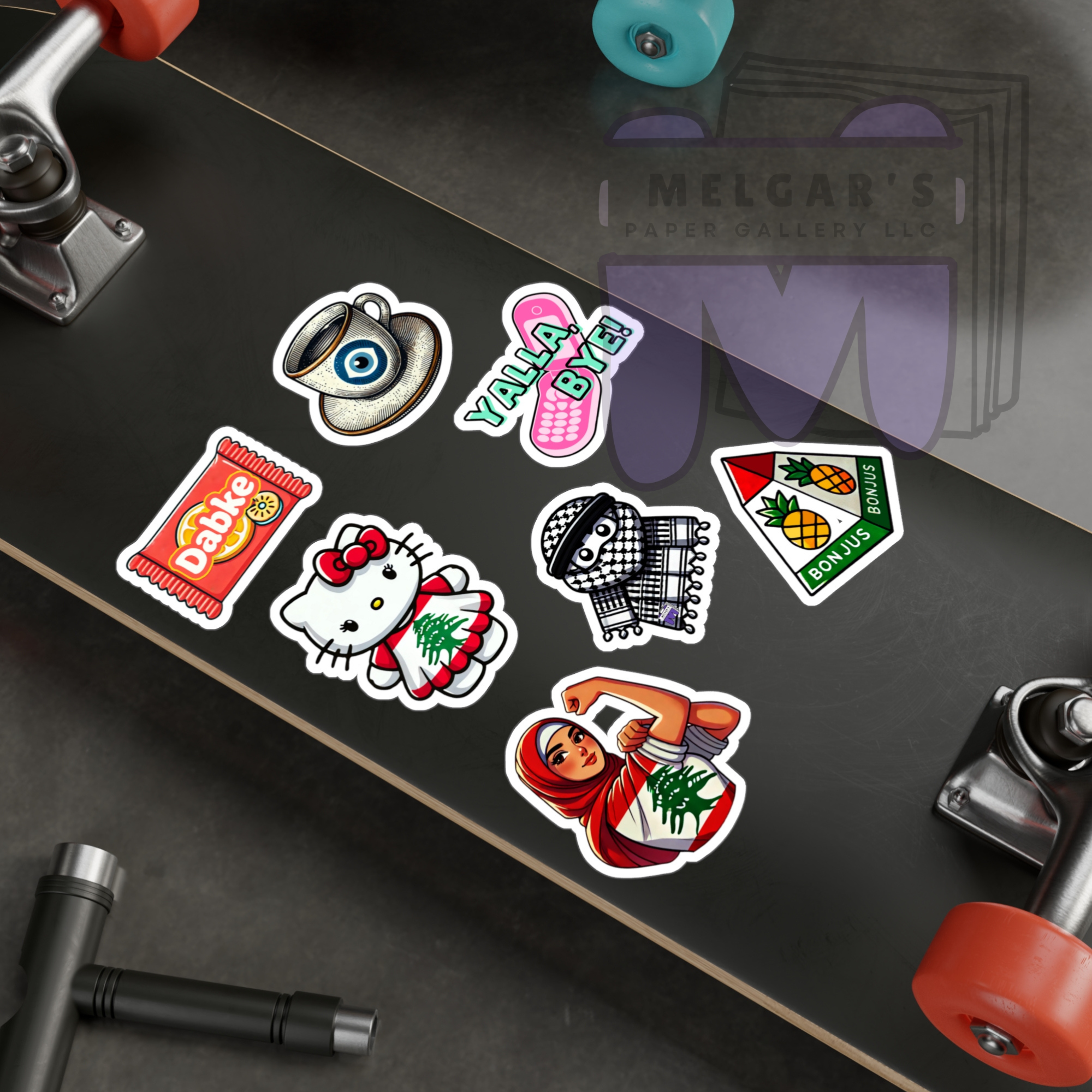 Middle Eastern Pop Culture Kiss-Cut Vinyl Decals — Hello Kitty, Dabke, Coffee & 'Yalla Bye' Sticker Set