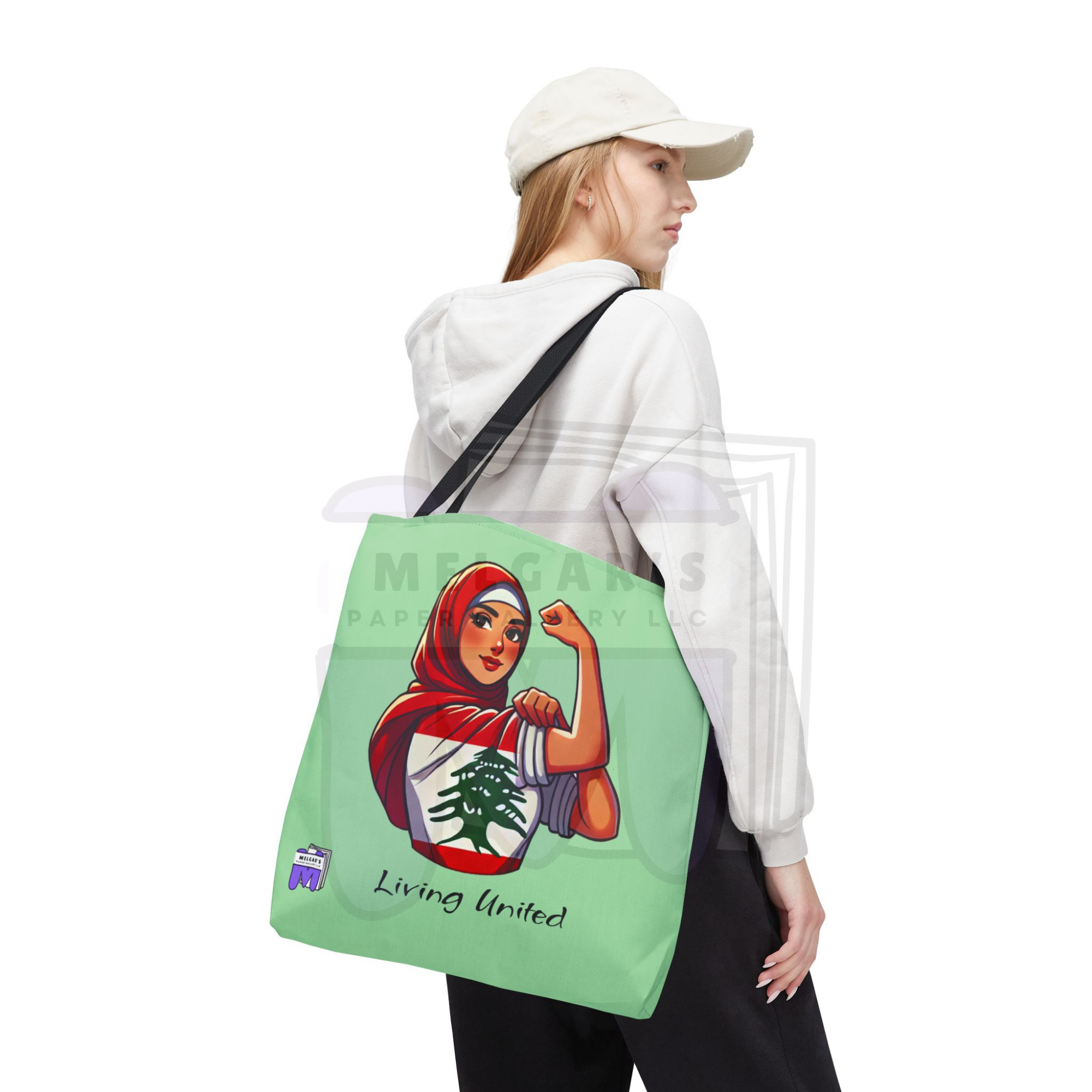 Mint Green Tote Bag 'Living United' Lebanese Cedar Graphic by Melgars Paper Gallery