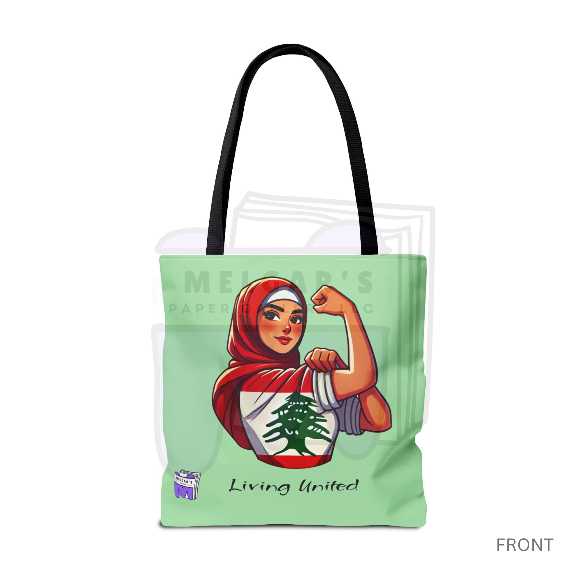 Mint Green Tote Bag 'Living United' Lebanese Cedar Graphic by Melgars Paper Gallery