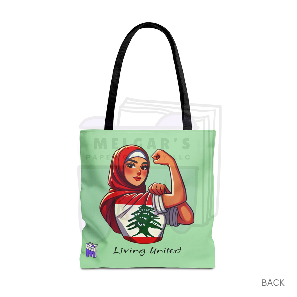 Mint Green Tote Bag 'Living United' Lebanese Cedar Graphic by Melgars Paper Gallery