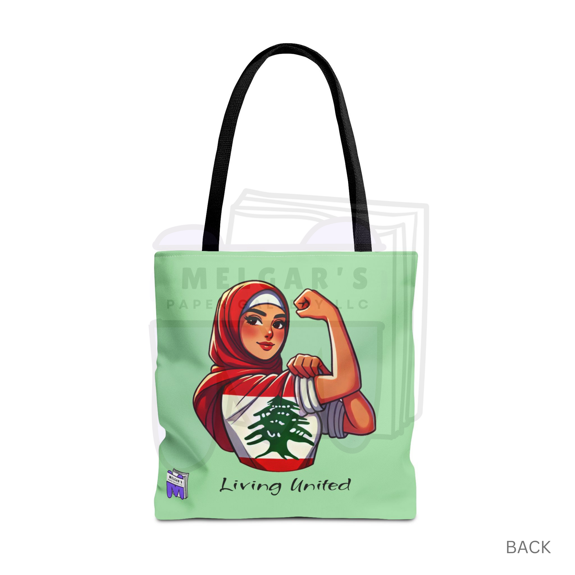 Mint Green Tote Bag 'Living United' Lebanese Cedar Graphic by Melgars Paper Gallery