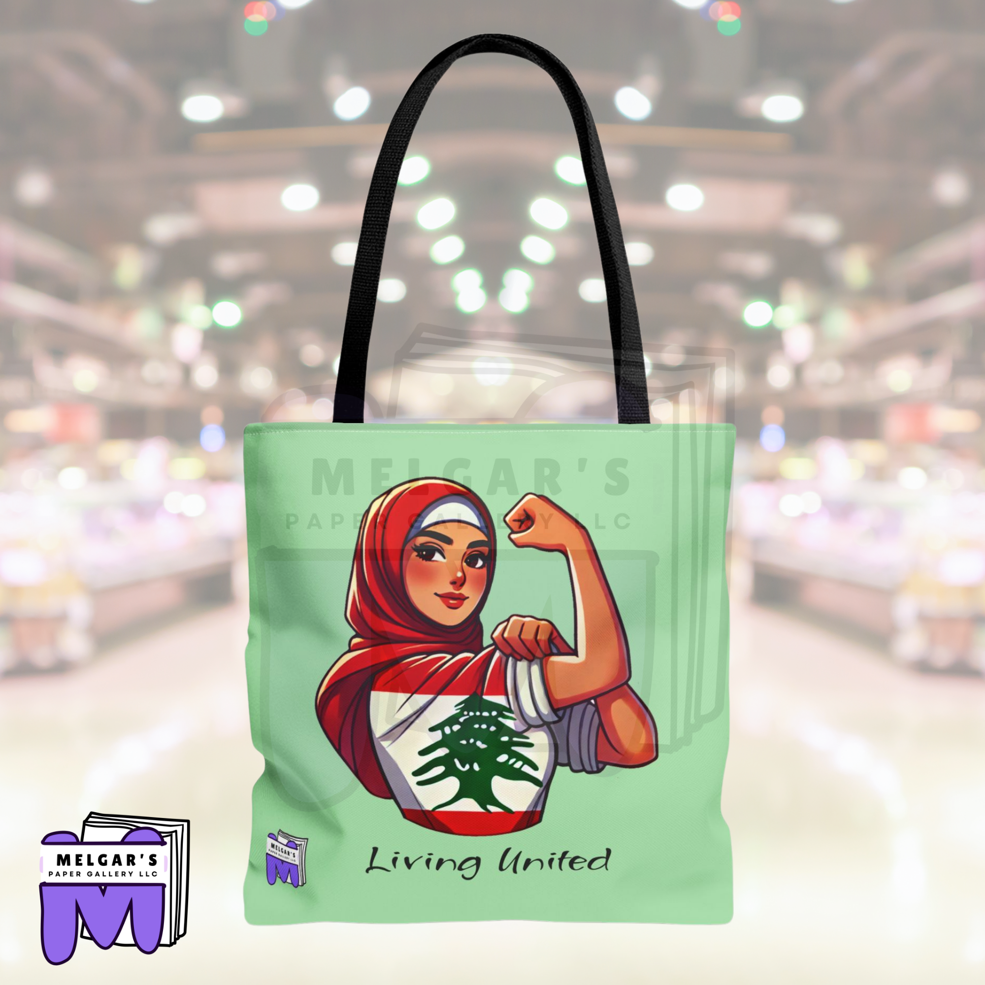 Mint Green Tote Bag 'Living United' Lebanese Cedar Graphic by Melgars Paper Gallery